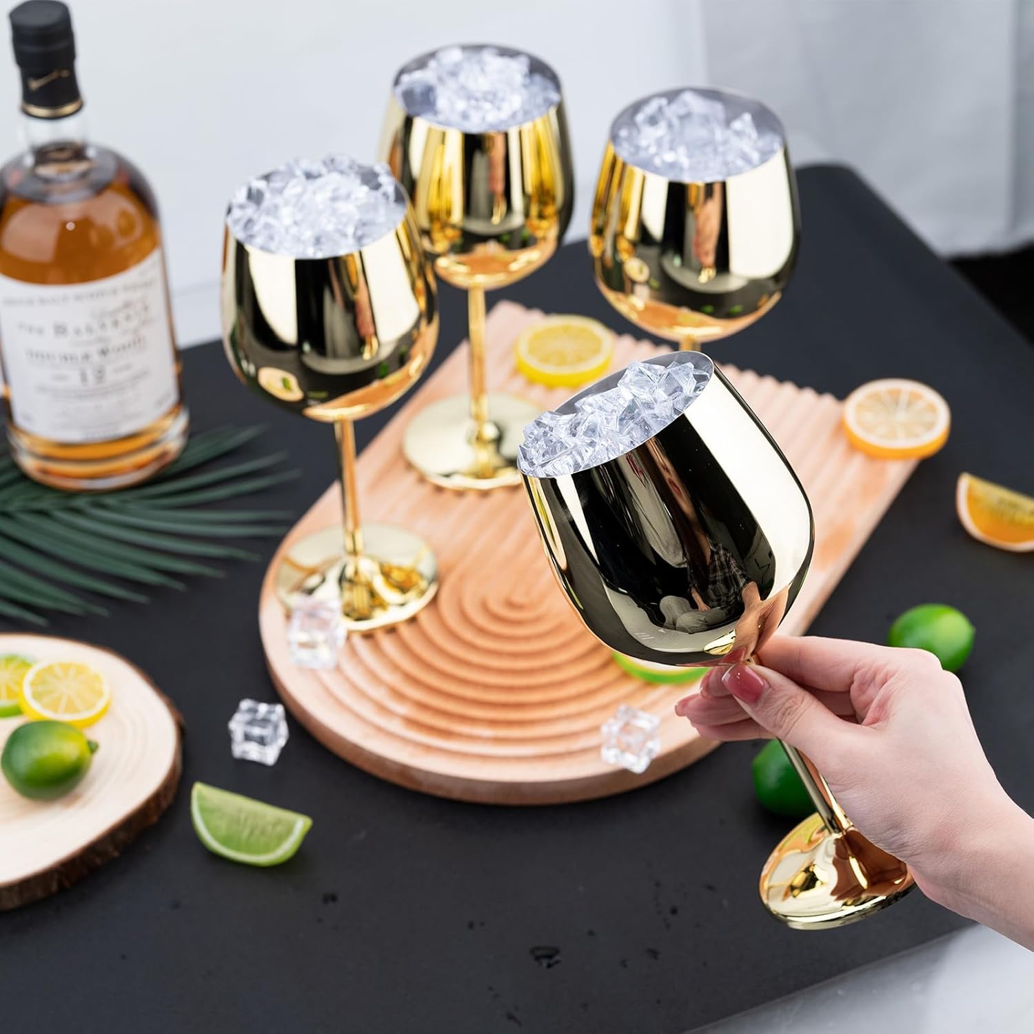 TJ Wine Glasses Stainless Steel Set of 4, Unbreakable Wine Glass 17oz, Wine Accessories Cool Wine Glass, Wine Goblets for Outdoor, Travel, House Warming, Valentines, Anniversary, Gold