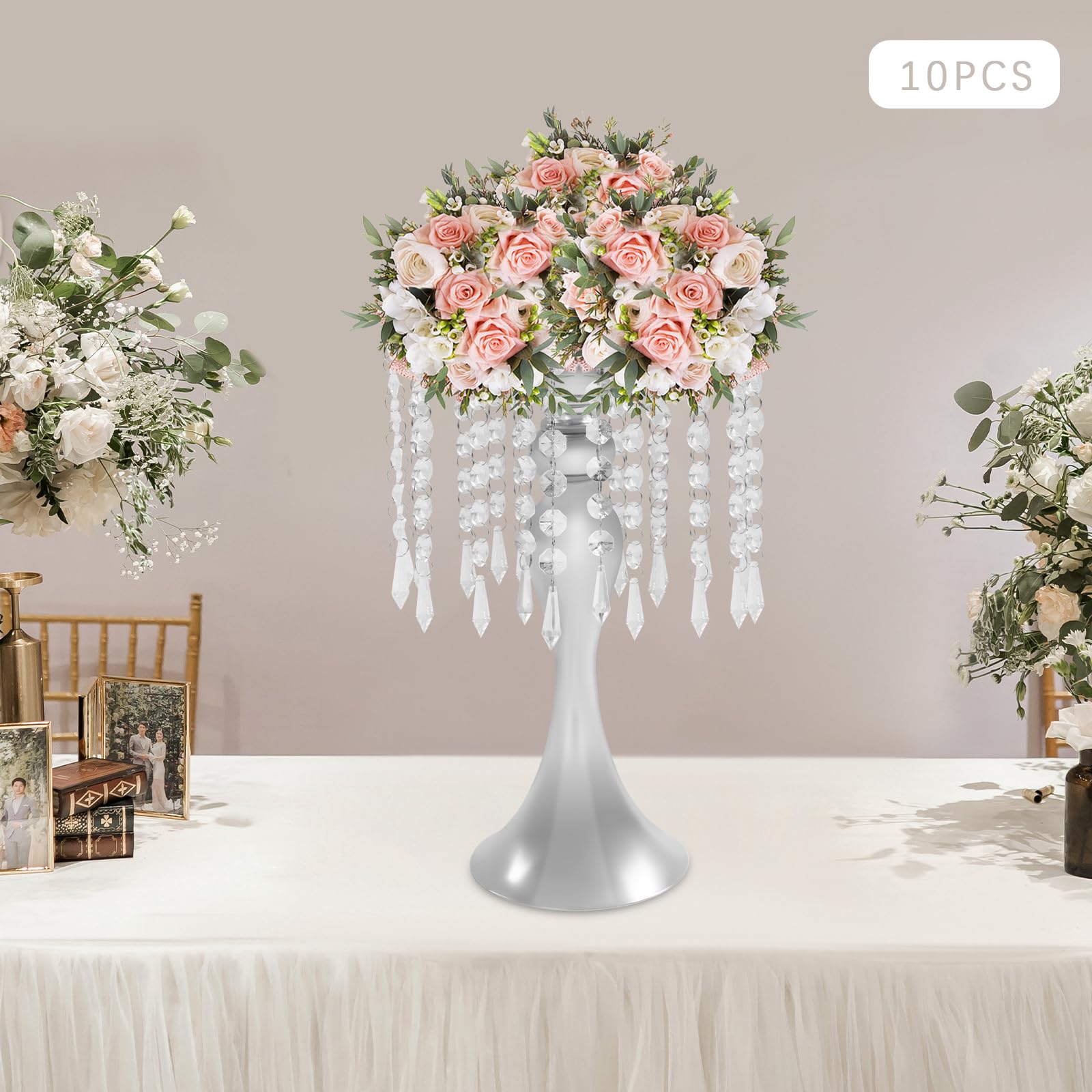 Set di 10 supporti per fiori da tavolo, altezza 35 cm, in cristallo, per cerimonie, ricevimenti e matrimoni, argento