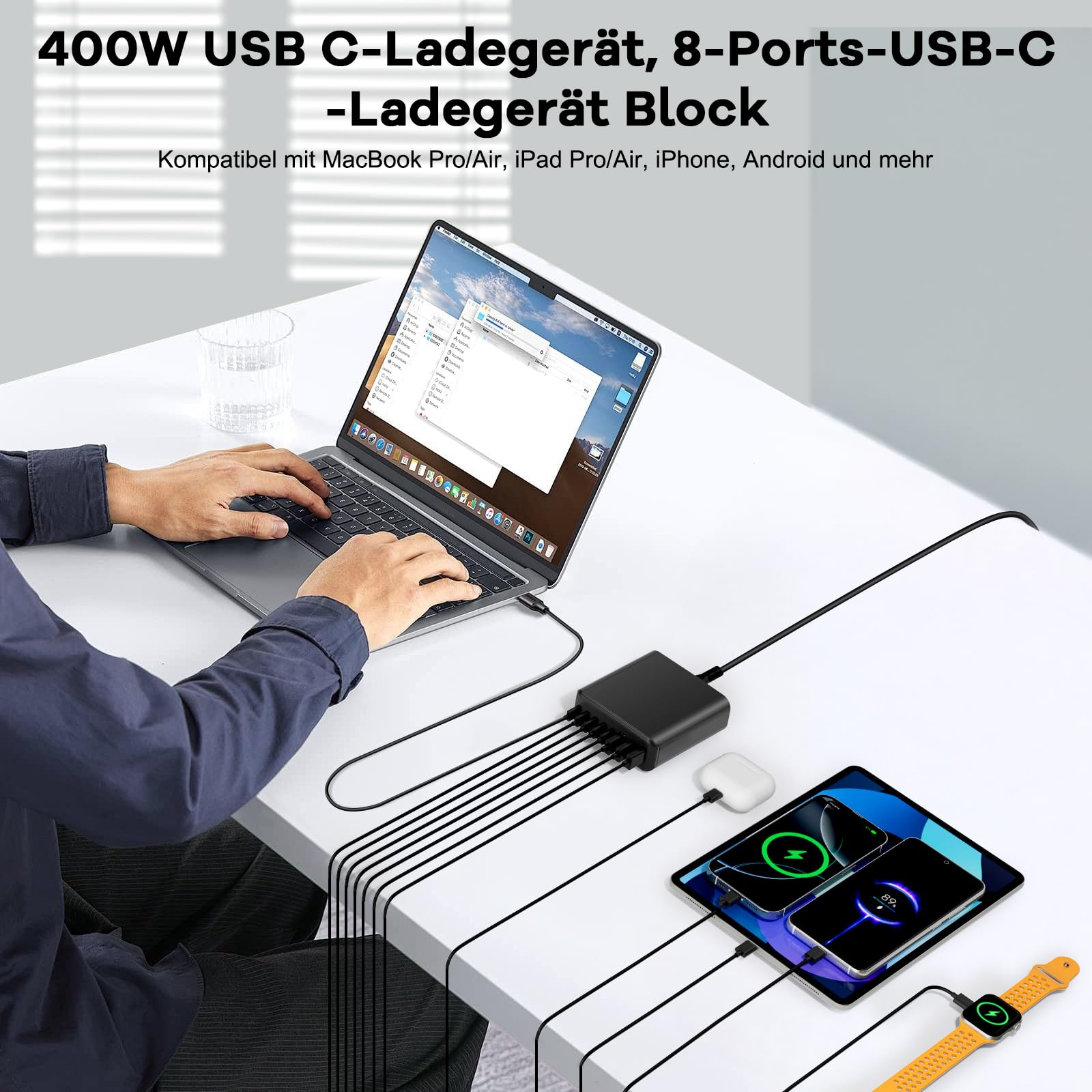 Chargeur USB C 400 W, GaN IV 8 ports, chargeur rapide, 400 W, 8 ports, compatible avec MacBook Pro/Air, iPad Pro/Air, iPhone, Android, etc. (noir, 8 ports-400 W)