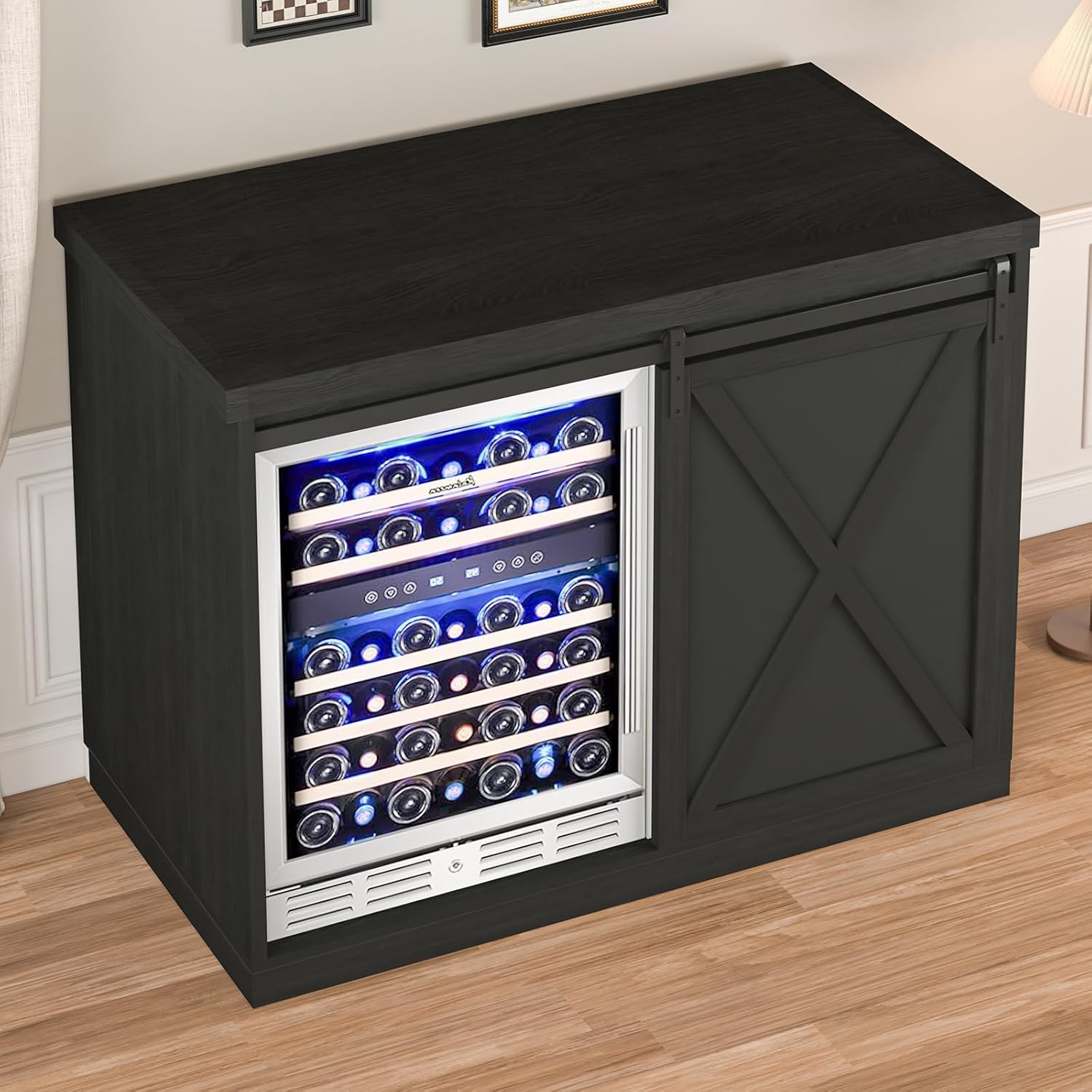 Coffee Bar Cabinet with Mini Fridge Space, 49.2 inch Farmhouse Kitchen Buffet Hutch with Sliding Barn Door, Built in Power Outlet, Wine Rack and Glass Holder for Kitchen Dining Room, Black