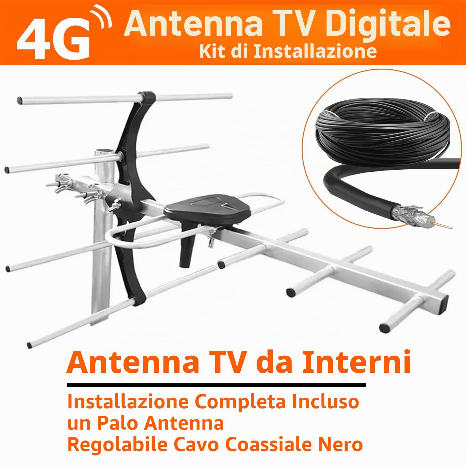 Kit di installazione antenna TV digitale 4G per esterni, antenna da tetto per Smart Freeview HD antenna TV esterna digitale + connettore coassiale maschio femmina 10 m RG6 cavo di fissaggio viti dadi