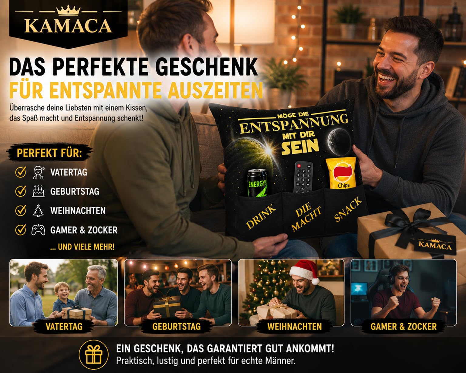KAMACA Entspannungskissen mit Spruch und Taschen für Snacks - lustiges Geschenk für Mann und Frau - Wichtelgeschenk (Entspannung)