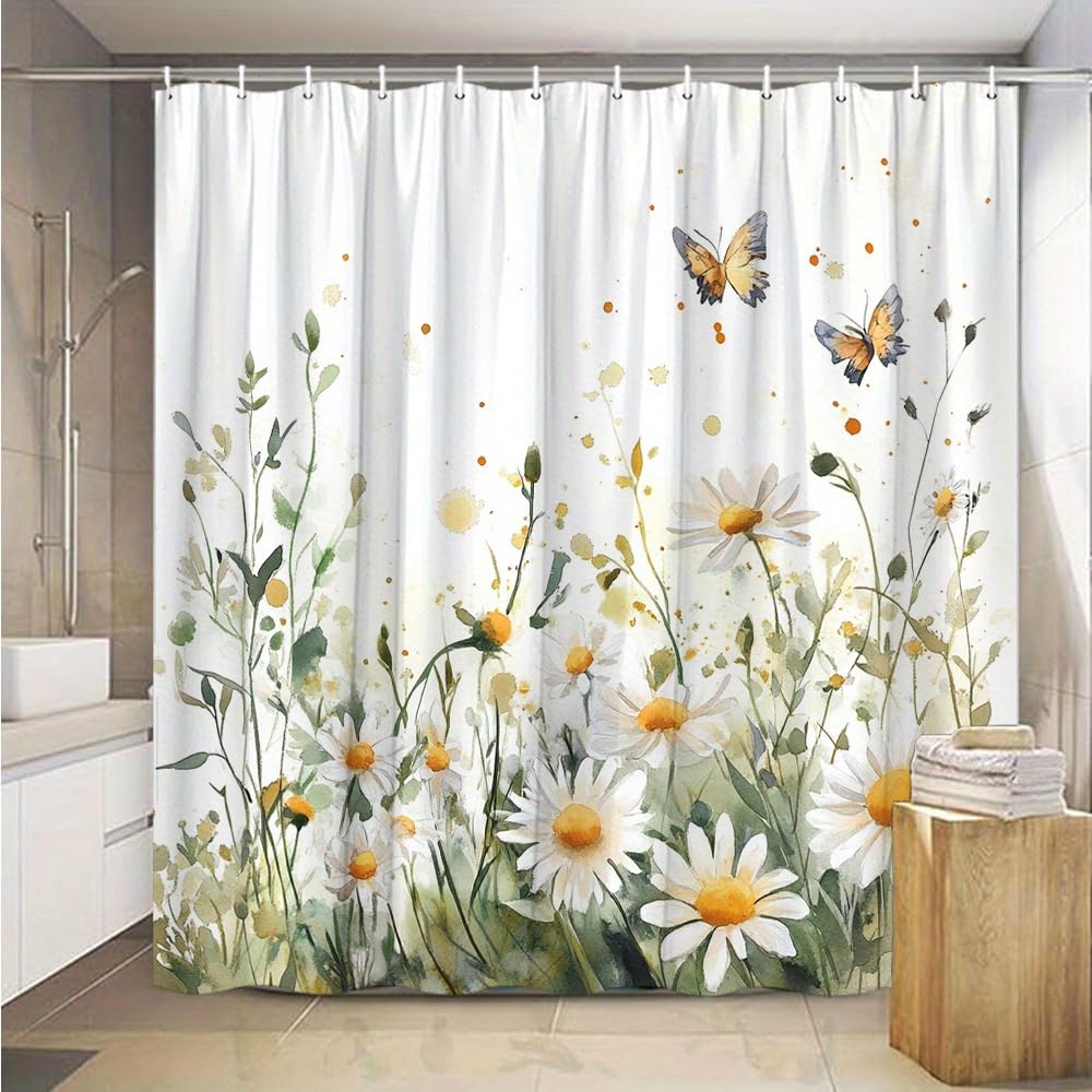 GLWDMB 1 Piece 180x180CM Watercolor Daisies and Butterflies Printed Shower Curtain With Hook, Polyester, for Windows And Walls, Bathtub, Bathroom, Machine Washable, All Season Universal