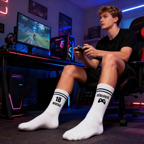 Cadeau 18 Ans Garçon Chaussettes Niveau 18 Débloqué avec Porte-Clés Level 18 Unlocked Idée Cadeau 18 Ans Anniversaire Garçon Gamer Humour Original pour Fêter les 18 Ans - 2