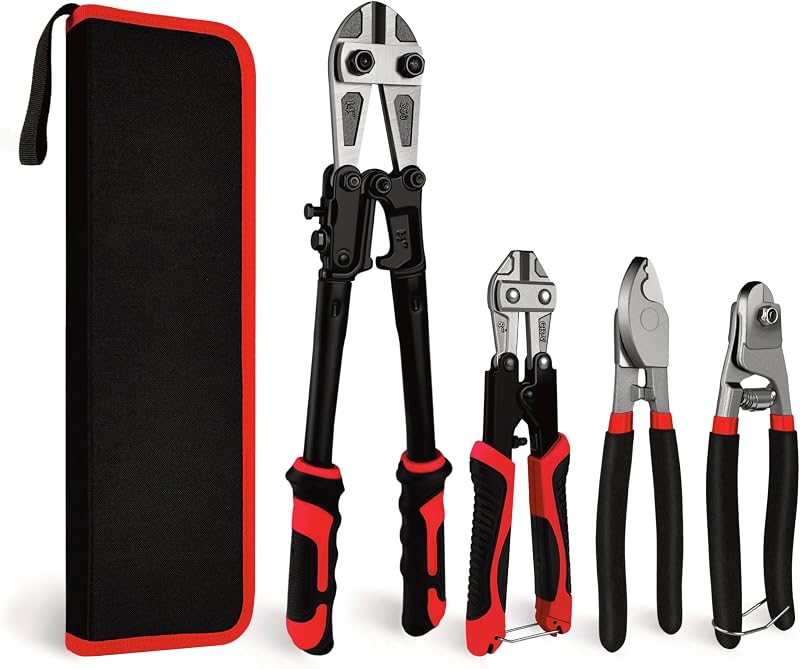C&T 4-Piece Bolt Cutter Pliers Set, 14" & 8" Bolt Cutter, 8" Wire Cable Cutter, 8" Wire Rope Cutter with Carrying Bag, Cr-V Blade for Cutting Locks, Steel Wire, Chains