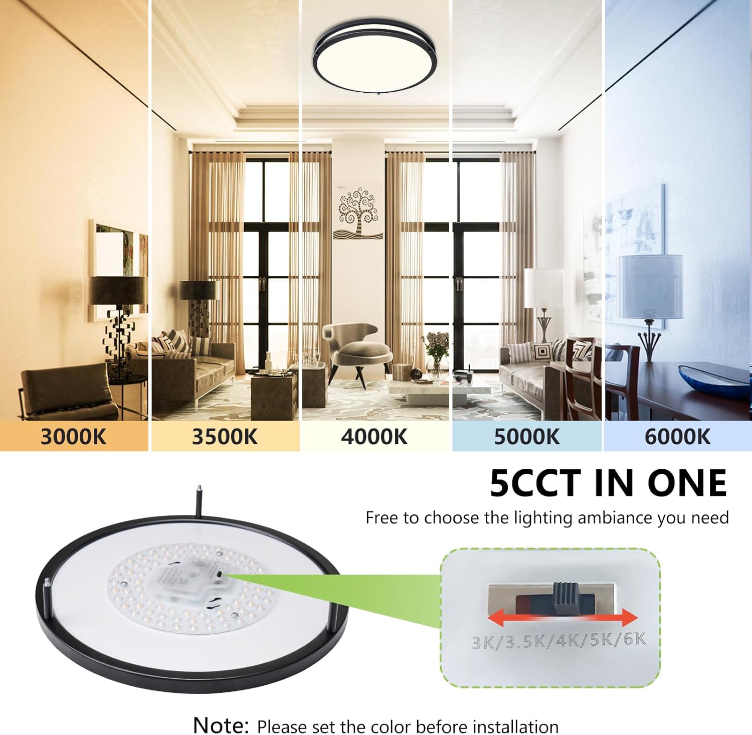 16Inch LED Ceiling Light Fixtures 2 Pack, 48W Flush Mount Ceiling Light, 4800LM Super Bright Ceiling Mount Light, Dimmable Black Ceiling Light 5CCT Ceiling Lamp for Hallway Kitchen Bedroom