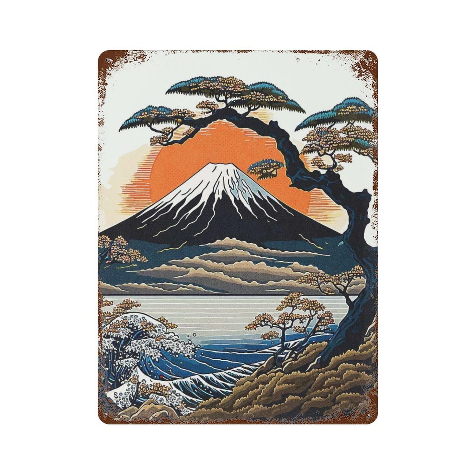 Japan Nature Art 15.7"x11.8" Rust Effect Tin Sign, Industrial Home Decor for Living Room, Hallway And Home Decor