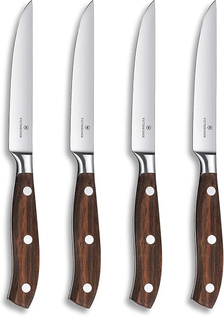 Victorinox, 7.7240.4, Grand Maître, Steakmesser-Set, 4-teilig, Extra scharfe Klinge, mit geradem Schliff, 12, cm, mit edlem Holzgriff, Braun,