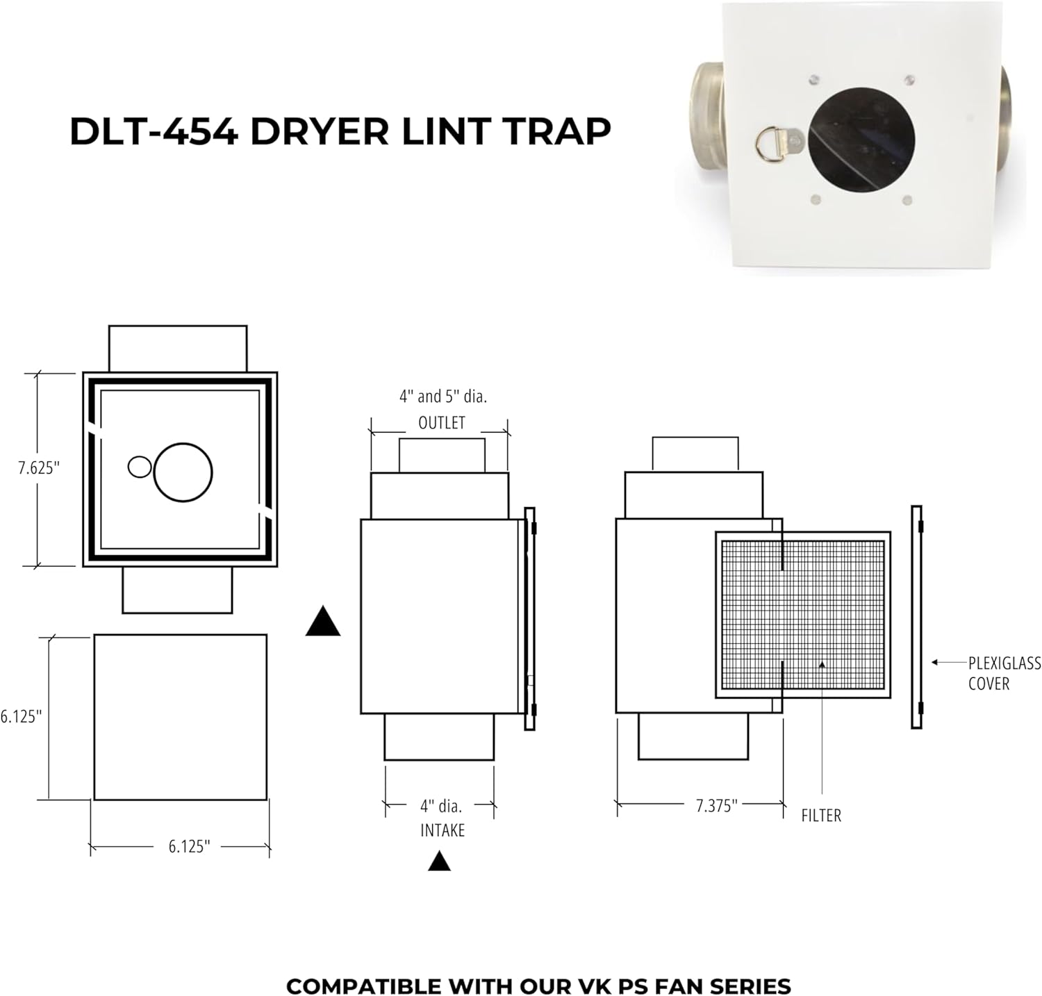 VENTS-US DLT-454 Universal Dryer Duct Lint Trap – Corrosion-Resistant Steel, Improves Drying Efficiency, Prevents Lint Build-Up, & Prevents Dryer Fires – Fits 4” & 5” Dryer Vents