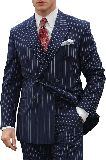 Pinstripe Suit for Men Slim Fit 2 Piece Pinstripe Double Breasted Suit Men Wedding Formal Business Dress Tuxedo