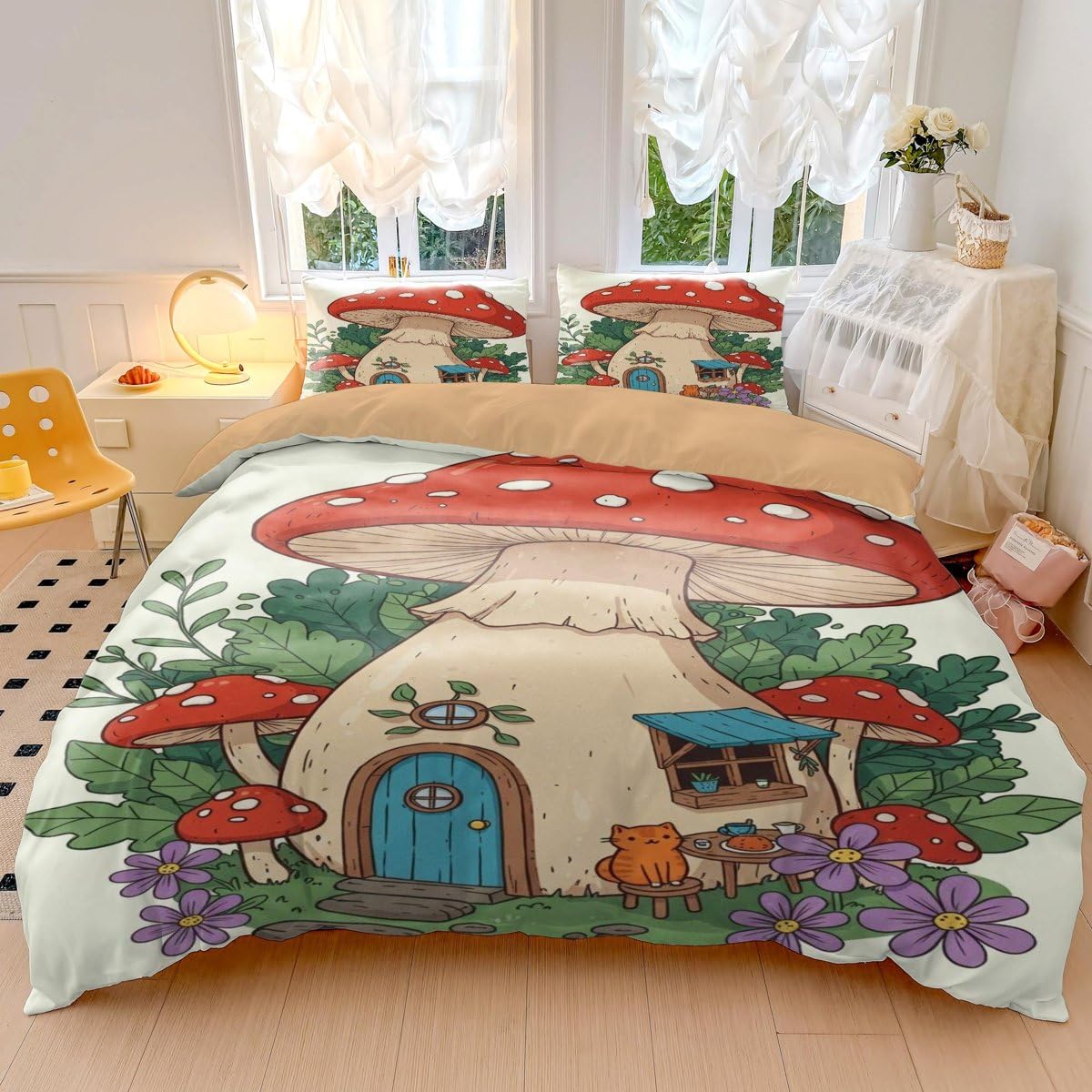 Juego de ropa de cama infantil con diseño de hongos de dibujos animados, funda de edredón de microfibra suave para decoración de dormitorio de niños y niñas (estilo 1, King 240 x 220 cm + 65 x 65 cm x