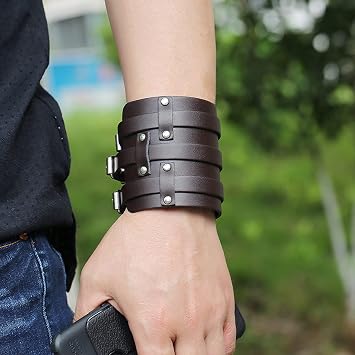 Men's Leather Bracelet, Wristbands for Men, Multi-Layer Punk Wide Bracelet Valentine's Day Birthday Gift for Boyfriend Husband Dad Son,Black [Energy Class A]