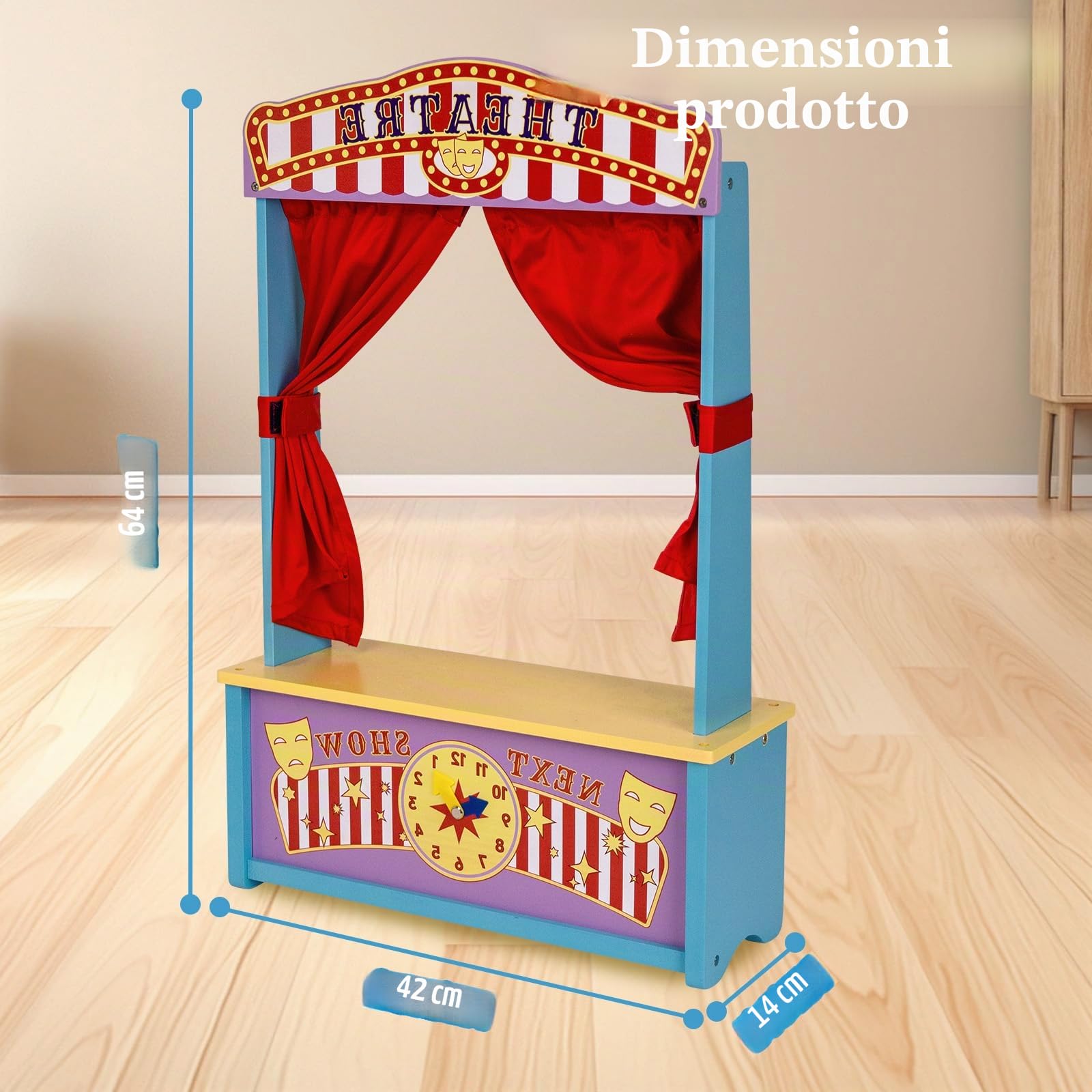 Teatro delle marionette in legno, con tende, per spettacoli teatrali da tavolo, giochi di ruolo, ideale per spettacoli, eventi, istruzione e giochi di finzione, portatile