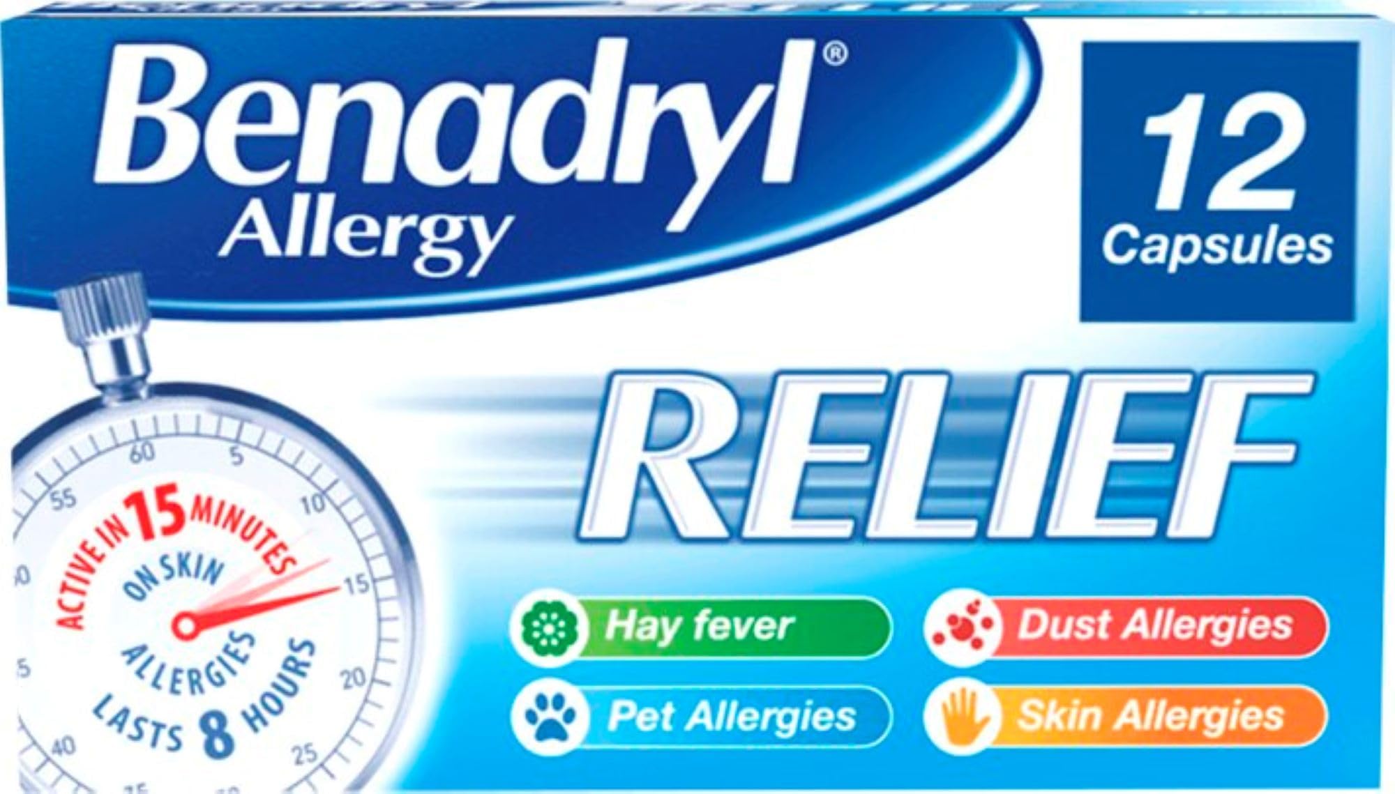 Allergy Relief Capsules (1 x 12 Capsules), Antihistamine Tablets with Acrivastine, Allergy Relief from Hay Fever Symptoms, Suitable for Pet, Dust, and Skin Allergies