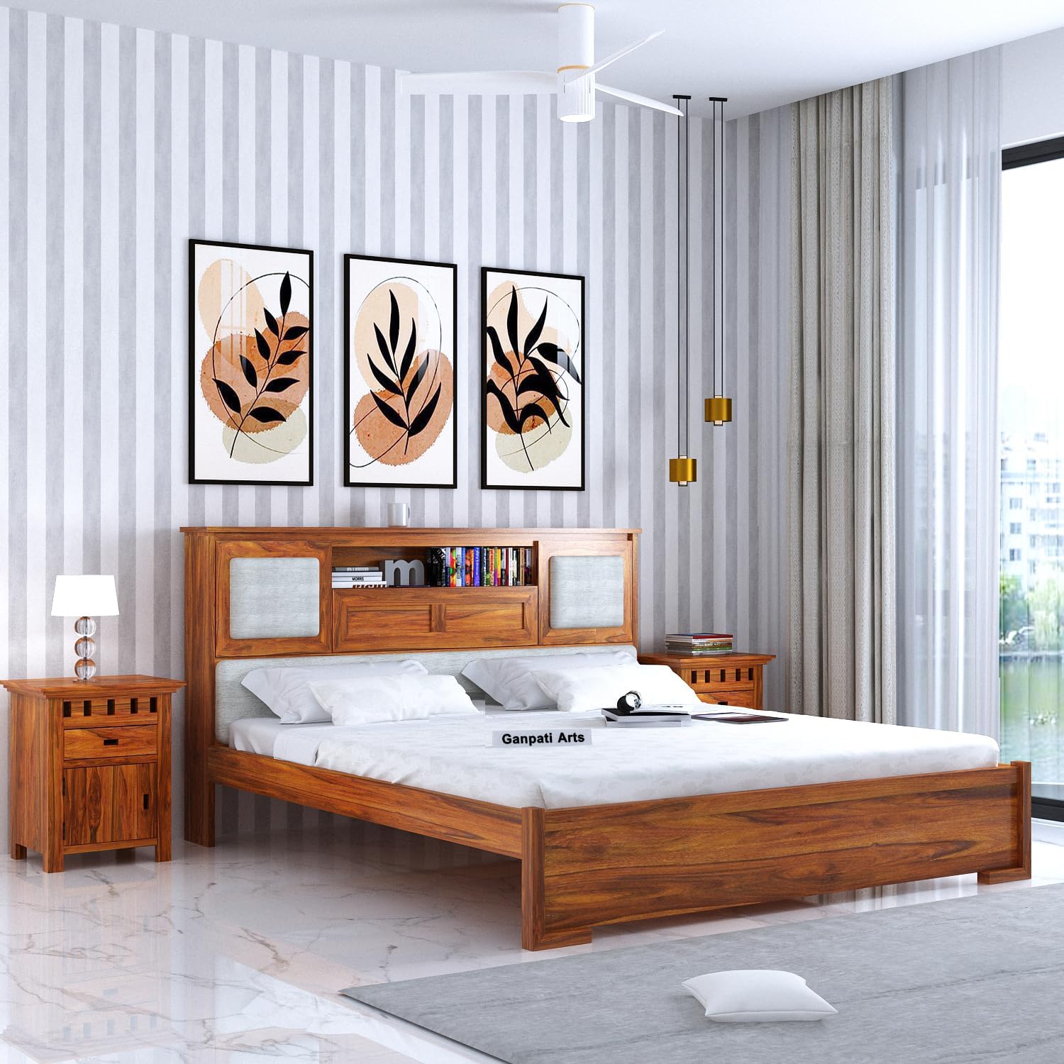 Ganpati Arts Solid Sheesham Wood Maharaja Queen Size Bed with Headboard Storage Wooden Double Bed Palang for Bedroom Home (Natural Finish)