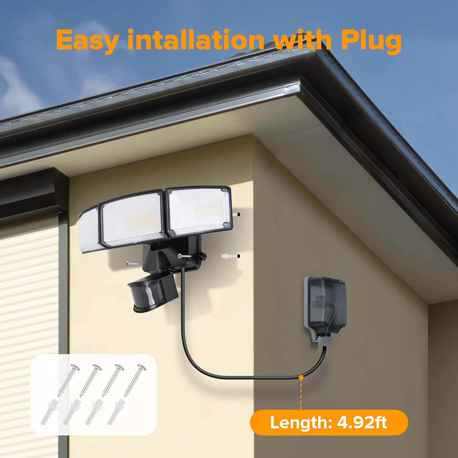 LUTEC 50W Motion Sensor Outdoor Lights, 5500 LM Plug in Flood Light Outdoor, Dusk to Dawn, IP65 Waterproof Security Lighting, 5000K Daylight, Adjustable Wall-Mounted for Garage, Yard, Porch (Black)