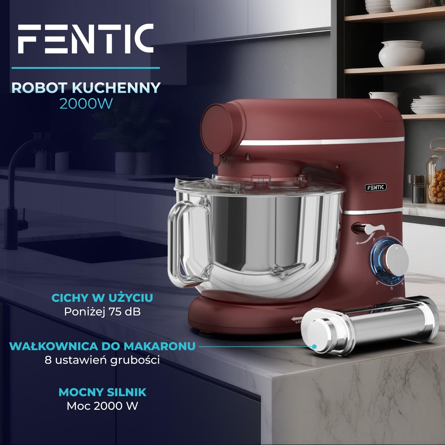 Planetarna mikser z maszyną do makaronu - 2000 W, robot kuchenny z maszyną do świeżego makaronu, maszynka do makaronu, 6,2 l, miska ze stali nierdzewnej (czerwona)