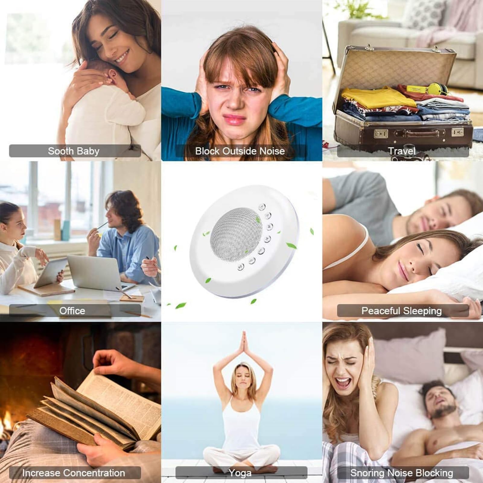 Strumento Intelligente per Dormire con Rumore Bianco, 28 Suoni rilassanti Non ripetitivi, 30 Livelli di Volume, 3 Timer, Funzione di Memoria, Jack Audio, Ricaricabile per casa, uff