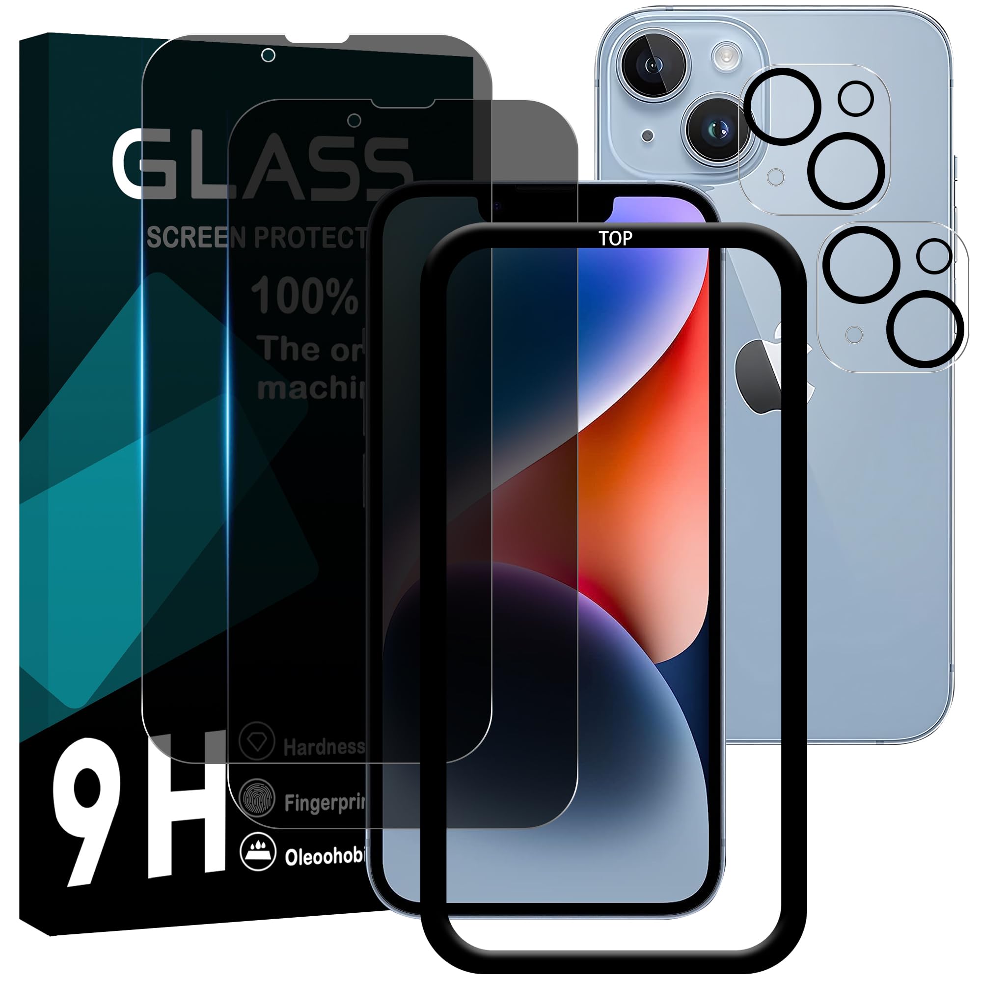 対応 iPhone 14 ガラスフイルム 覗き見防止 【2+2枚セット AGC旭硝子 ガイド枠付き 】iPhone14 フイルム のぞき見防止 (2枚) + レンズ保護フィルム (2枚) アイフォン14 液晶 保護フィルム のぞき見 プライバシーフィルム 強化ガラス 【 硬度9H 耐衝撃 飛散防止 厚さ0.26mm 気泡ゼロ 3D Touch対応 高感度 指紋防止 ラウンドエッジ加工 】