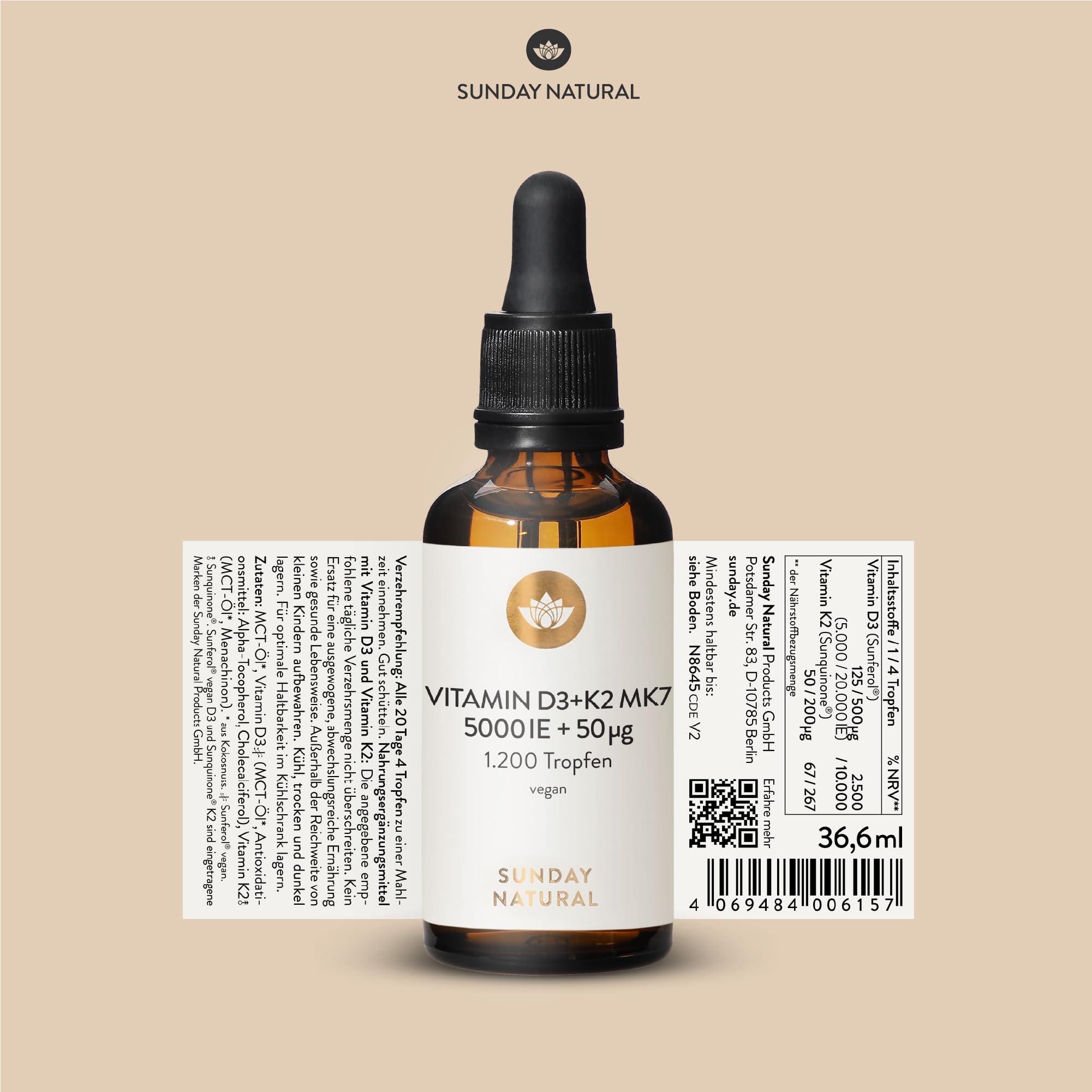 SUNDAY NATURAL® Vitamin D3 K2 Tropfen – Vitamin D 3 5.000IE (125µg) + K2-MK7 ≥99,8 % + all-trans 50µg – Vegan, Hohe Bioverfügbarkeit, ohne unnötige Zusätze