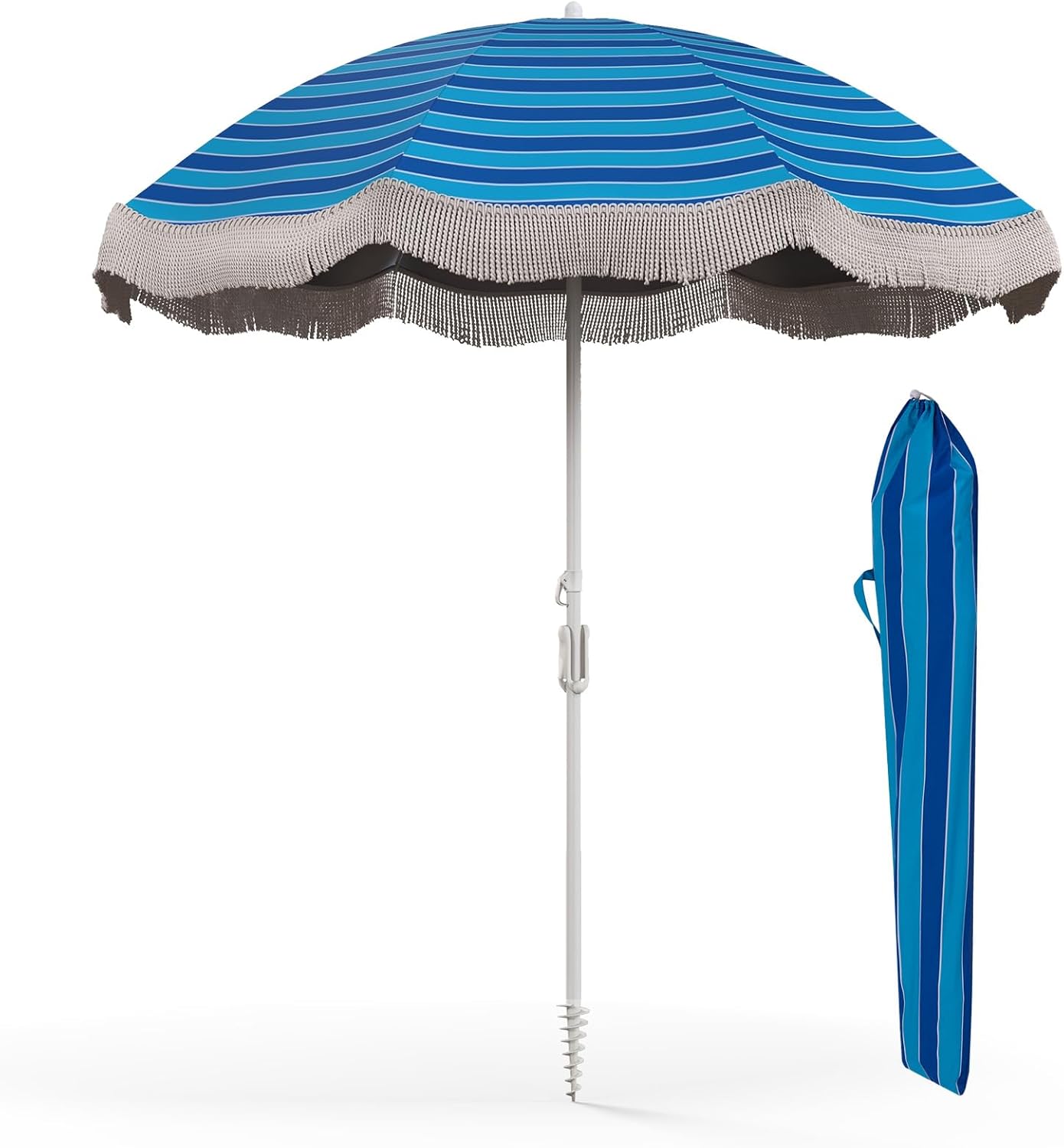 HAPPYGRILL 6.5 FT Outdoor Fringe Beach Umbrella, UPF50+ Sun Protection, Portable Sunshade with Carrying Bag, Push Button Tilt, Patio Tassel for Garden Lawn Poolside Table, Navy Blue