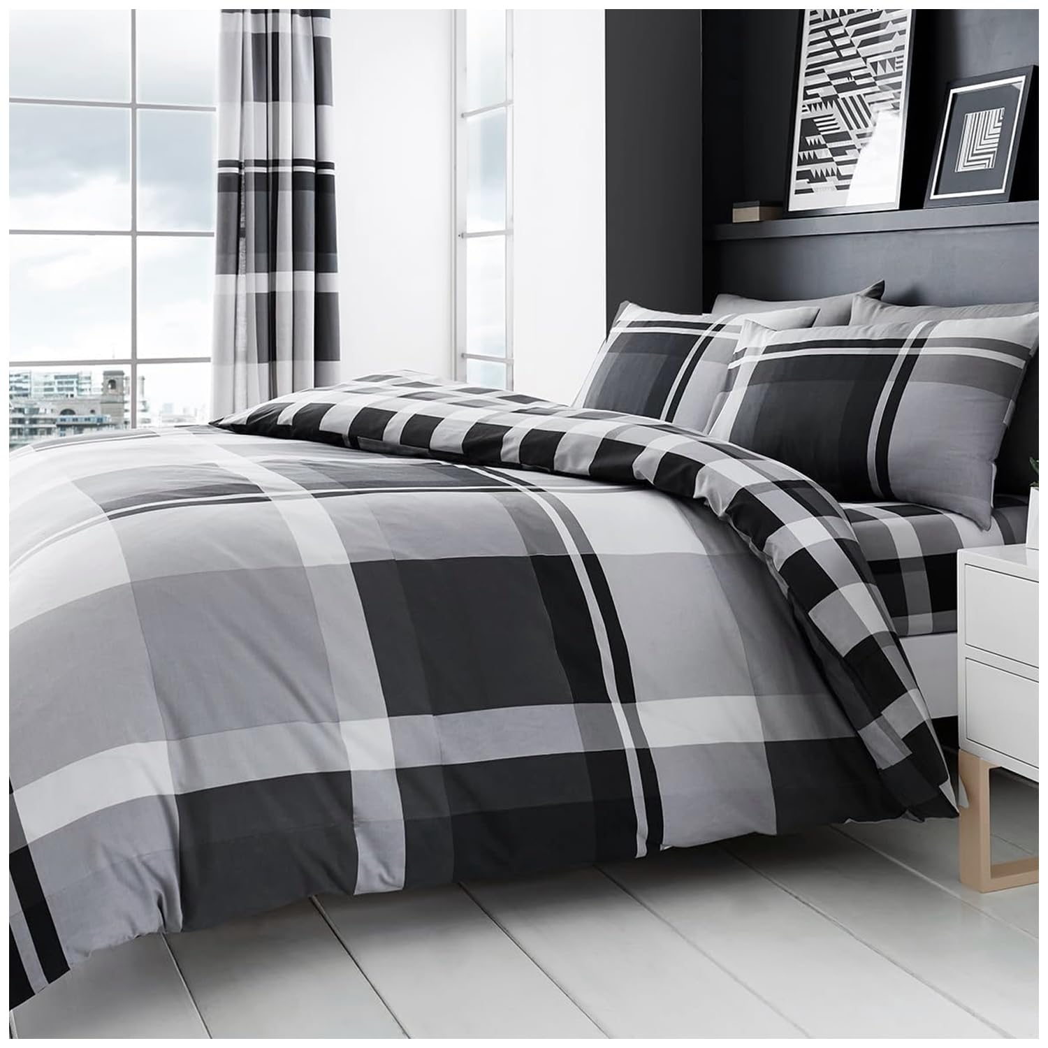 Gc Gaveno Cavailia Grey Tartan Bedding Double Duvet Set | Breathable Hypoallergenic Reversible Checkered Plaid Bedding Double Bed Set | Purple