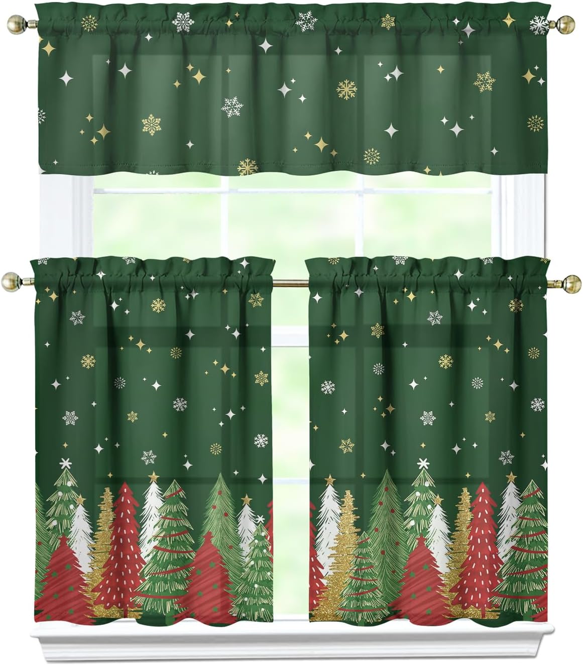 Christmas Kitchen Curtains 3 Piece Set Short Tier Christmas Tree Valances Over Sink for Windows Winter Holiday Cafe Curtain Window Treatment Home Decor 24 Inch