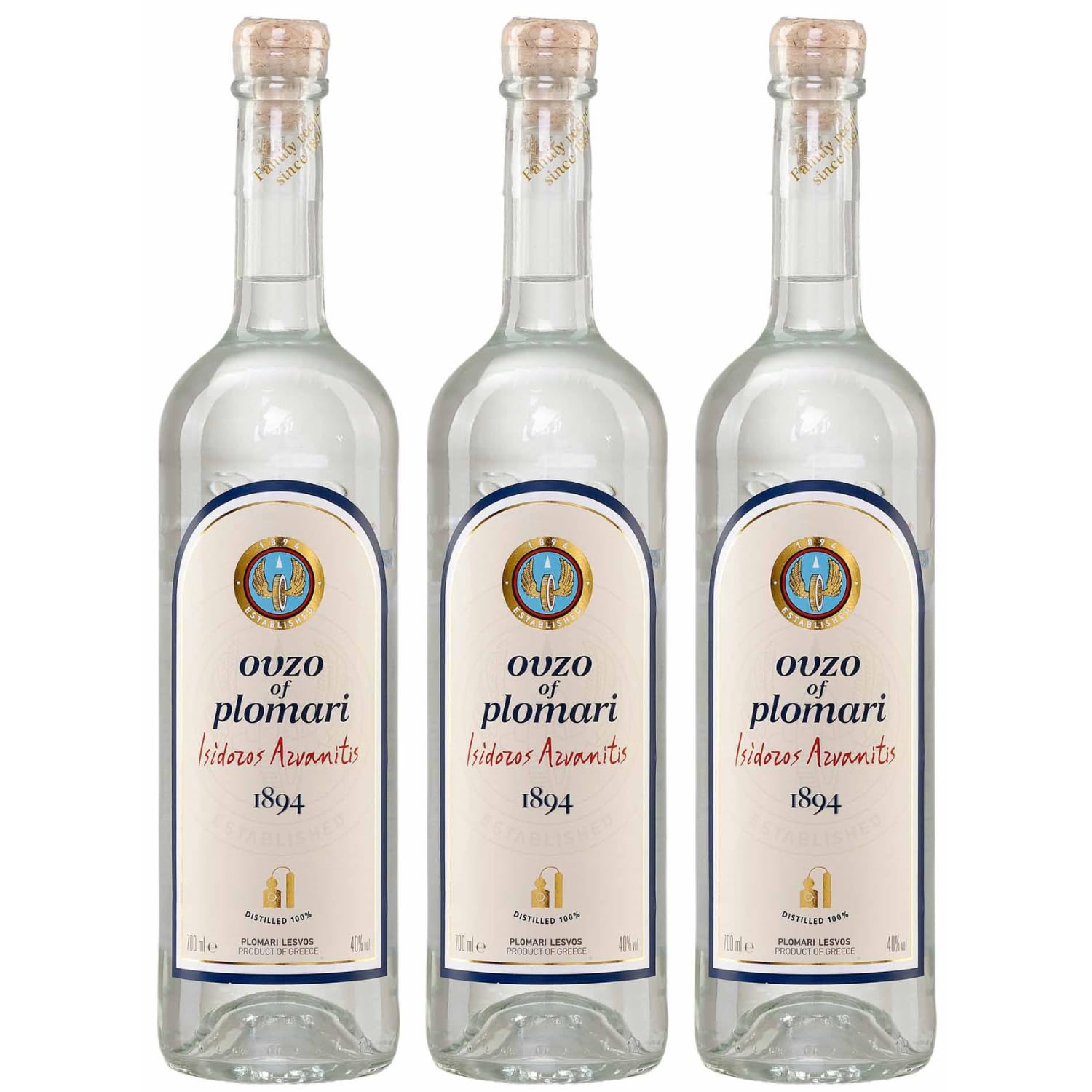 Ouzo Plomari 3x 0,7l Flasche | Destillerie Arvanitis | 40% Vol. | Ouzo aus Griechenland | +20ml Jassas Olivenöl