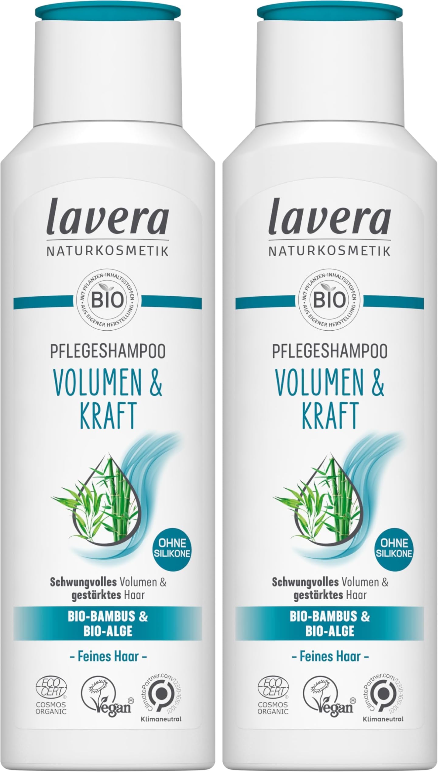 lavera Pflegeshampoo Volumen & Kraft - ohne Silikone - Intensive Feuchtigkeit & sanfte Pflege - vegan - Naturkosmetik - 250 ml (Packung mit 2)