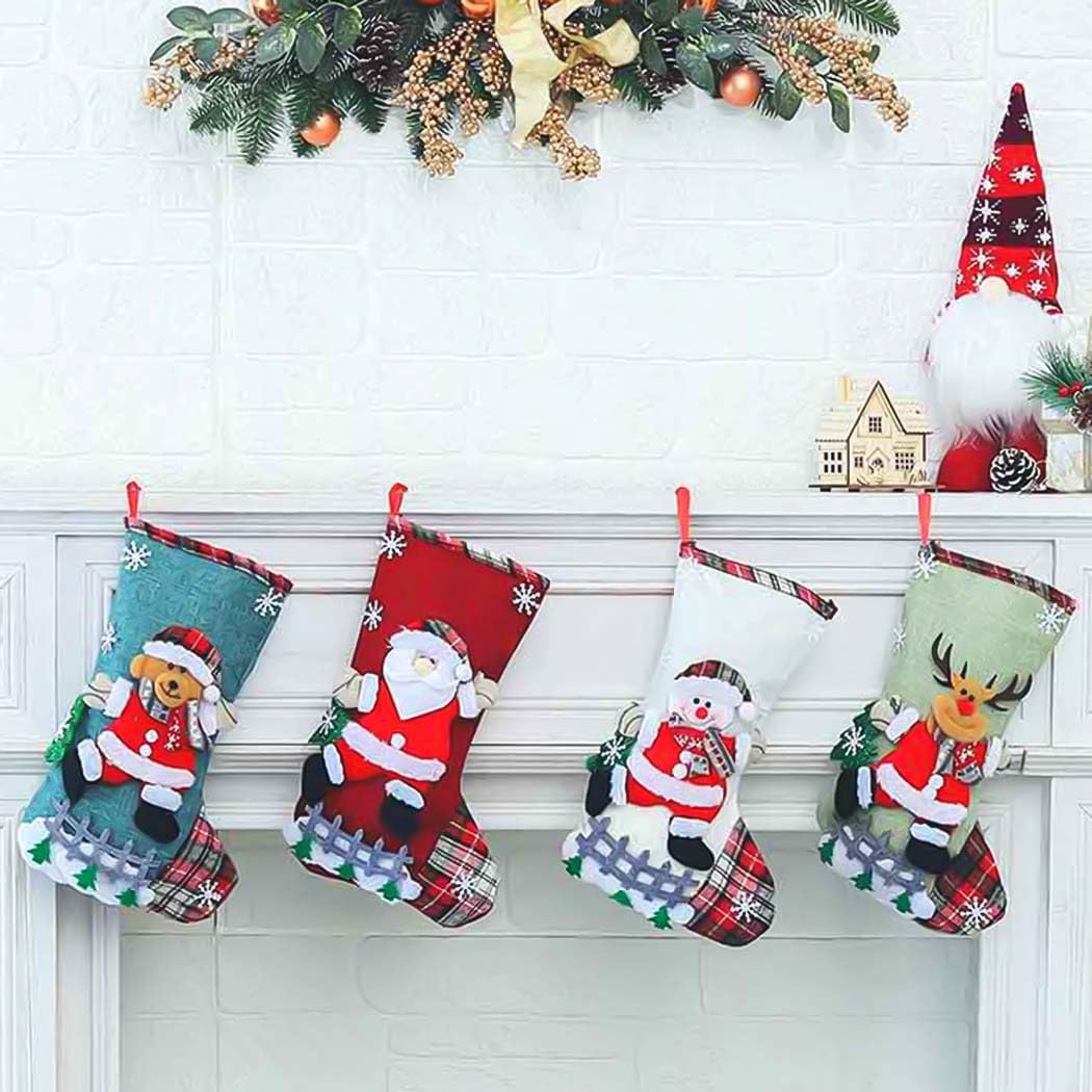 Woeoe 4 calze natalizie da 30 cm, Babbo Natale, pupazzo di neve, calze di iuta per vacanze e famiglia, per caminetto, decorazione per feste di Natale