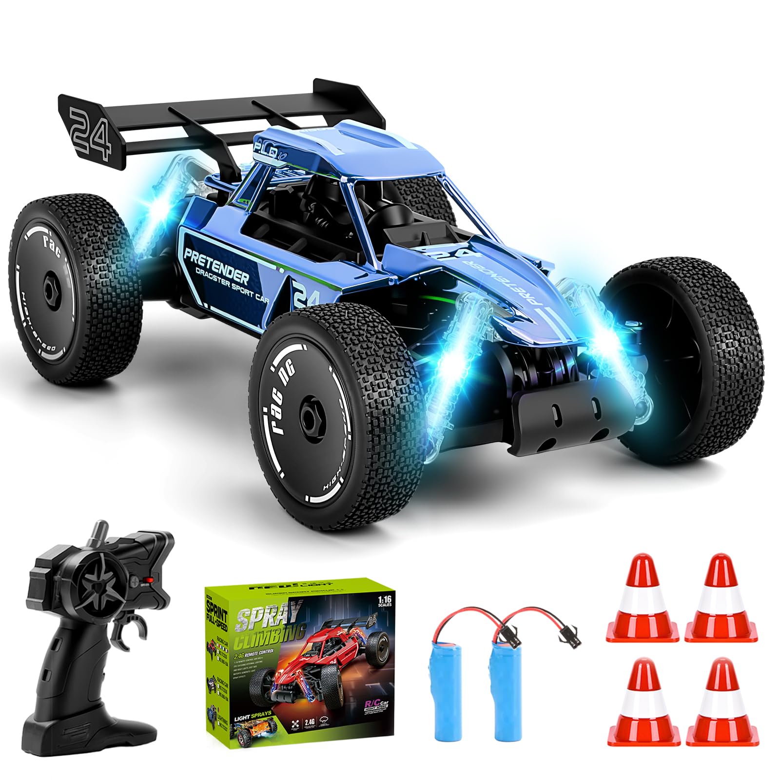 Voiture Télécommandée Tout Terrain 1:18 BuzzoXerex – 2WD, 15 Km/h, Lumières LED Et Brumisateur, Cadeau Enfant 6+ Ans (Rouge)