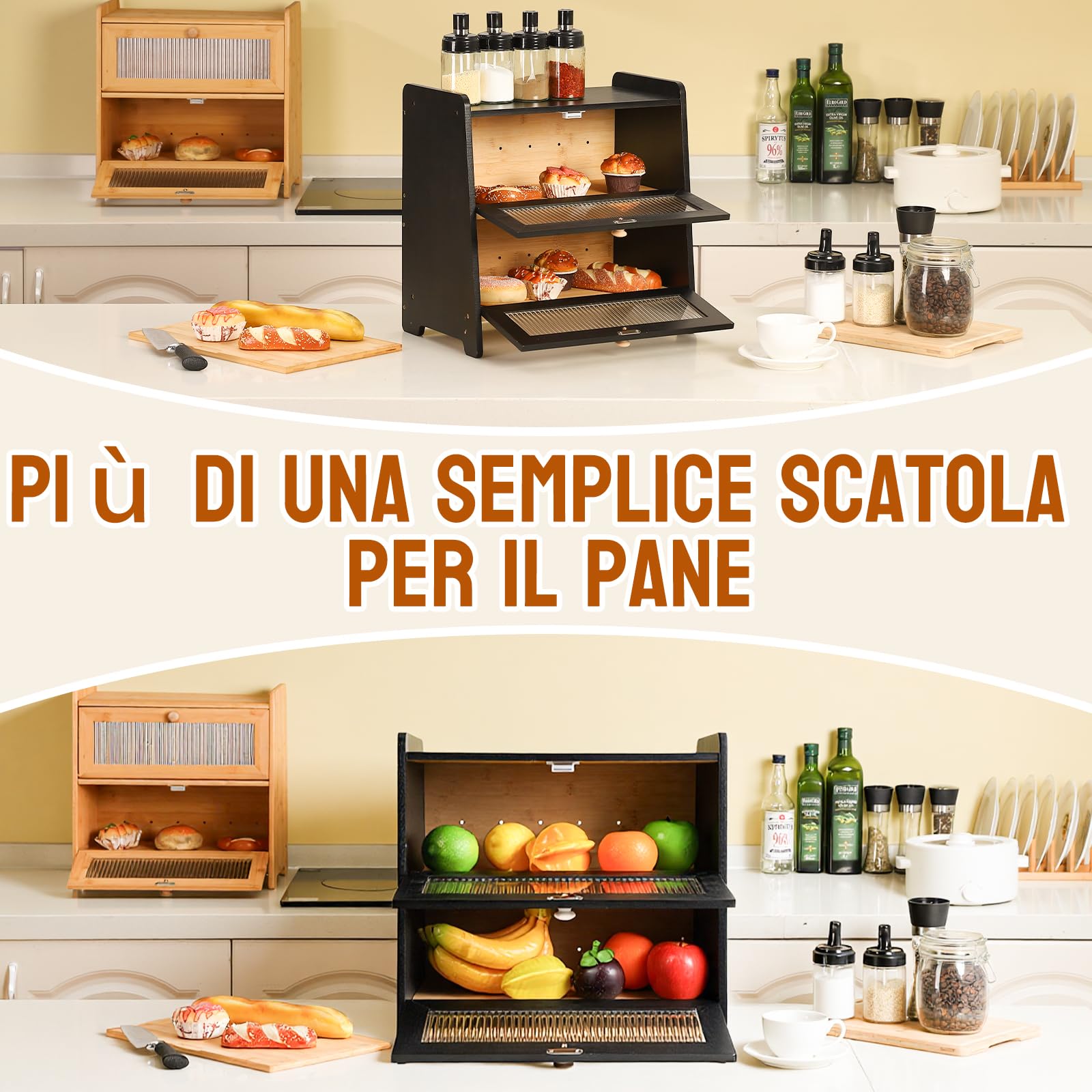 HAUSPROFI Scatola per il Pane in Bambù 2 Ripiani, Scatola per Pane in Legno con Tagliere, Ventilazione, Finestra Ondulata Trasparente, Elegante, 40x25x40cm Grande, Nera