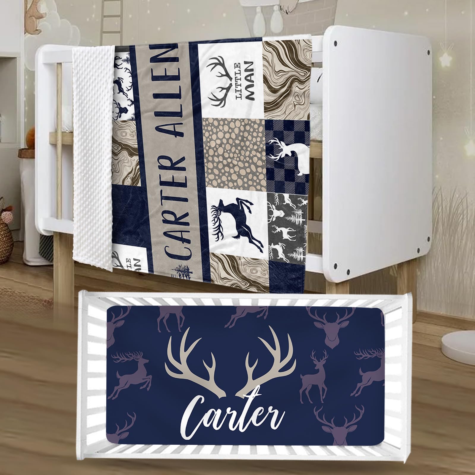 YISMEET Personalized Crib Bedding Set for Boys Girls, Custom Baby Crib Sets with Name, Navy Deer Design Nursery Bedding 2 Piece - Soft Blanket with