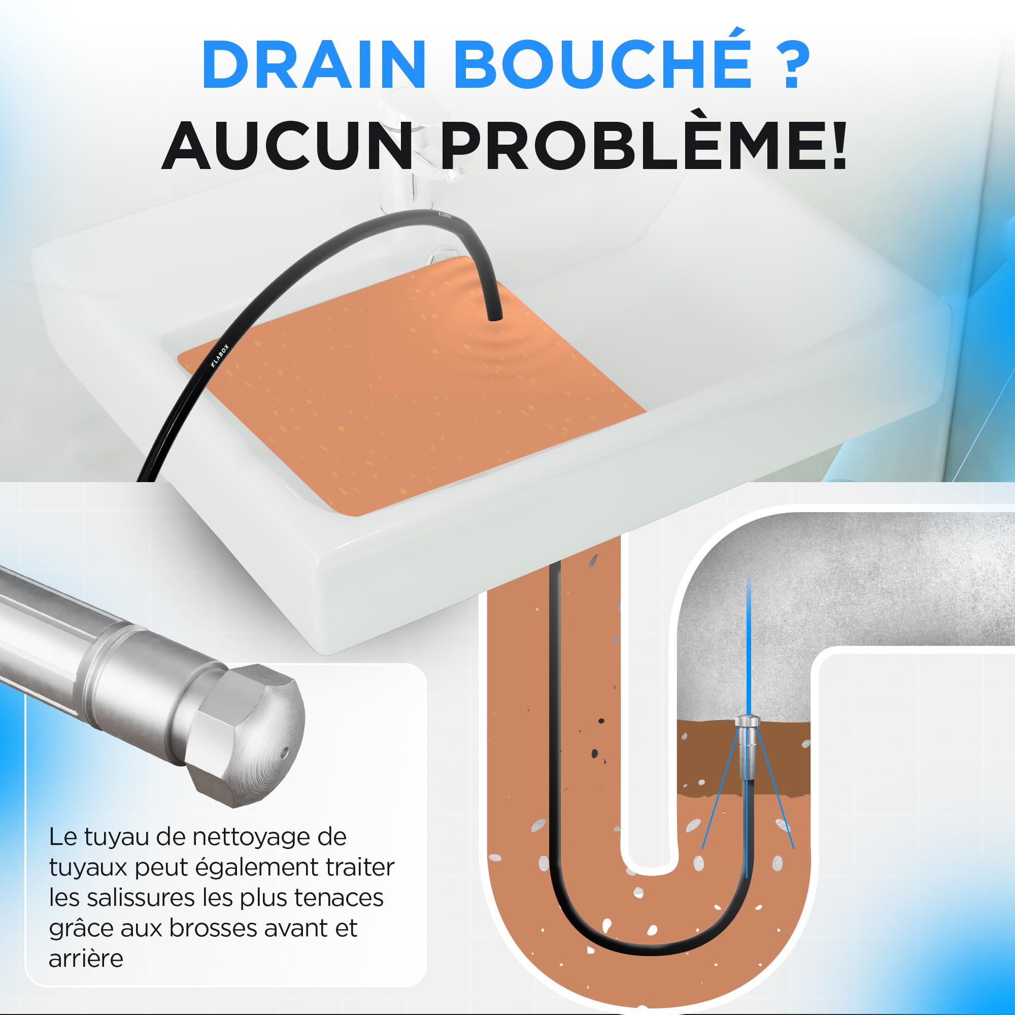 Deboucheur Canalisation Haute Pression 15m | Furet Karcher Compatible avec Karcher K2-K7, Lavor, Bosch, Parkside et d'Autres Marques | Inclut 3 Adaptateurs, 2 Buses, 1 Sac et 1 Ruban Téflon