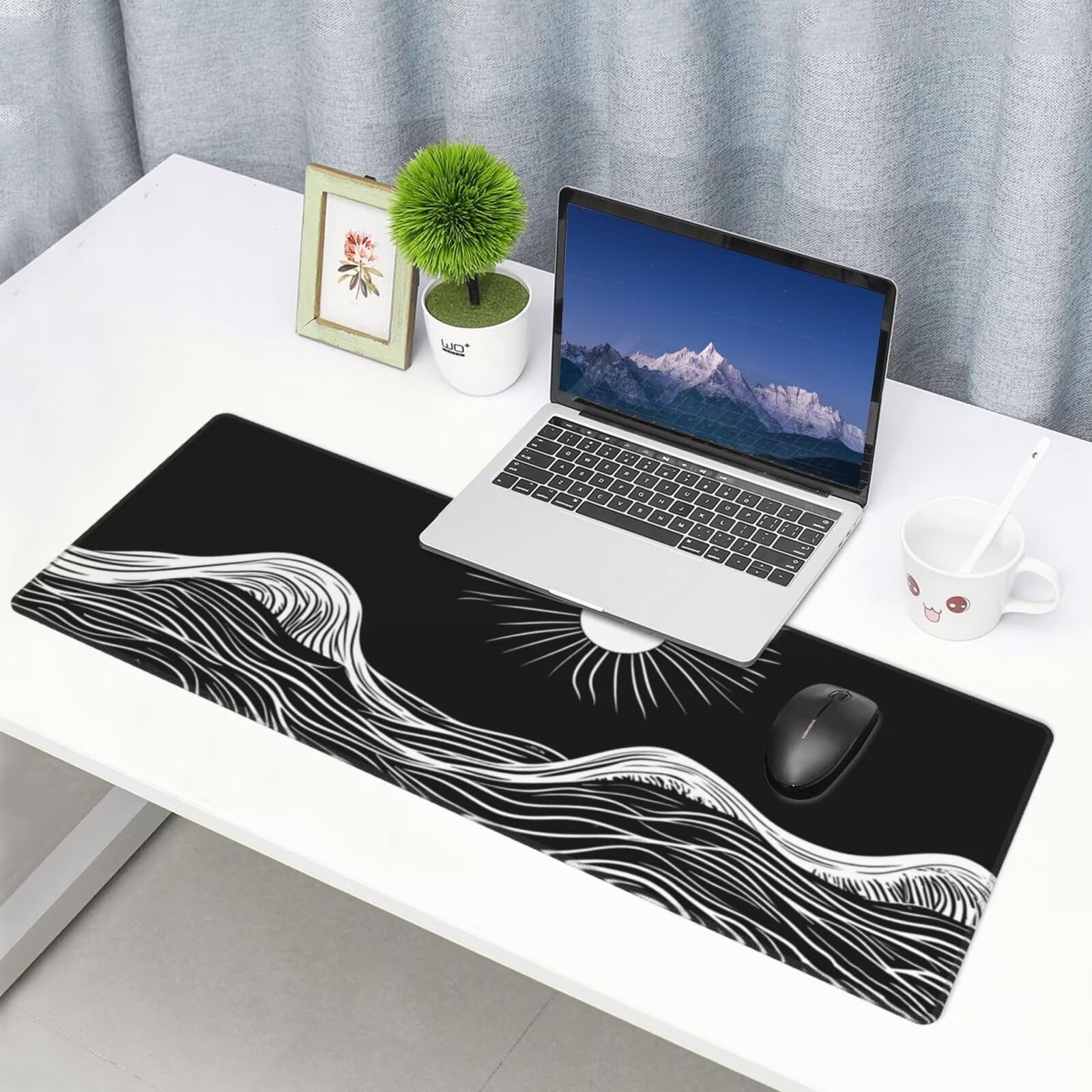 Tappetino Mouse, Tappetino Mouse Gaming Grande XXL 1500x800x3mm Tappetino Scrivania Mouse Pad, Base in Gomma Antiscivolo, Bordi Cuciti,Lavabile, Mousepad per Ufficio e Gaming (Onda nera) R-260