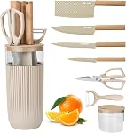 Kitchen Knife Set, 6-Pieces Khaki Sharp Knife Set for Kitchen, Non-Stick Non-Slip Stainless Steel Chef Knife Set with Universal Knife Block Suitable for Home Restaurant (Khaki)