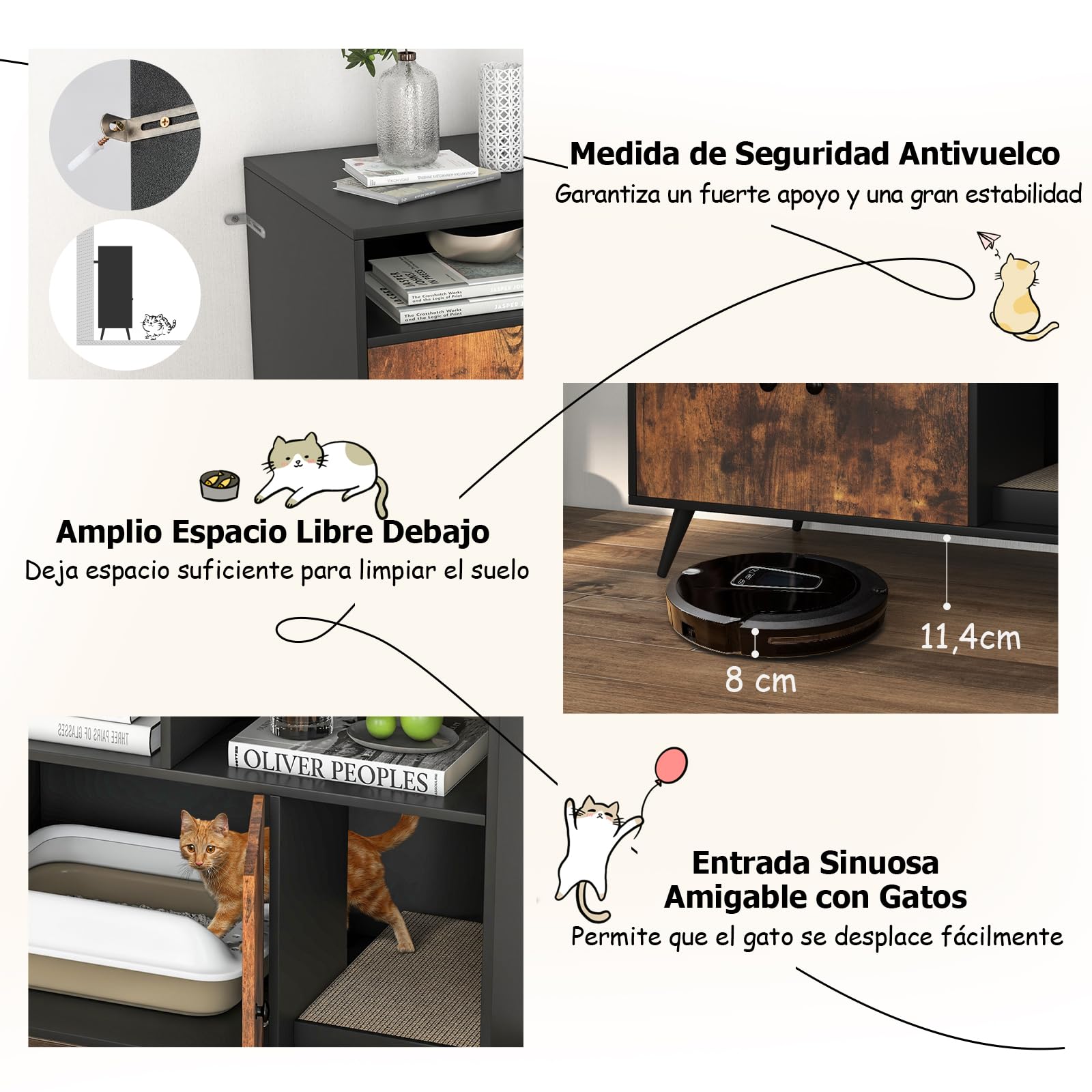 GOPLUS Caja de Arena para Gatos, Mueble Arenero Escondido con Doble Puerta, Compartimentos y Tablero Rasca, Casa de Mascotas de Interior, Lavabo Oculto para Gatos, Estilo Industrial, 90 x 50 x 70 cm