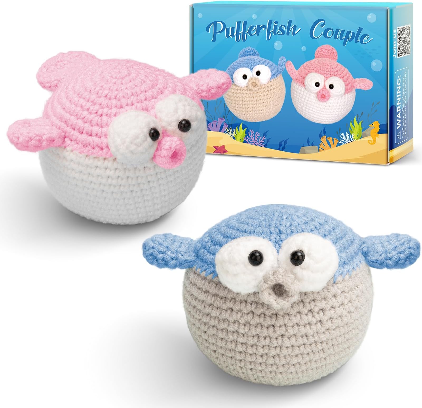 Crochetta Crochet Kit for Beginners, Beginner Crochet Starter Kit with Step-by-Step Video Tutorials, Learn to Crochet Kits for Adults and Kids, DIY Knitting Supplies, 2 Pack Pufferfish (40%+ Yarn)