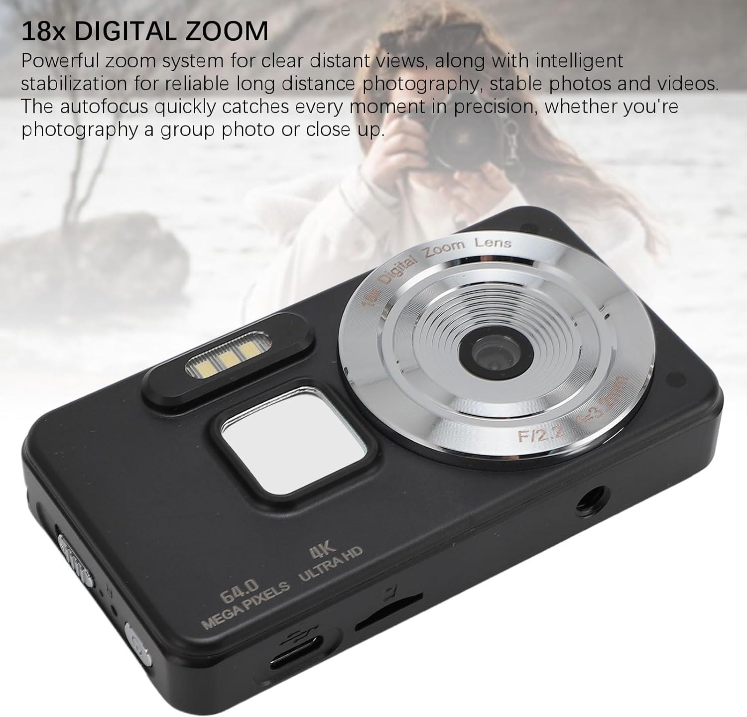 4K HD Digital Camera, 18X Zoom Selfie Vlogging Camera Autofocus with 2.8 Inch LCD Display, Portable 64MP Compact Video Camcorder Anti Shake for Travel (Black) - Image 4