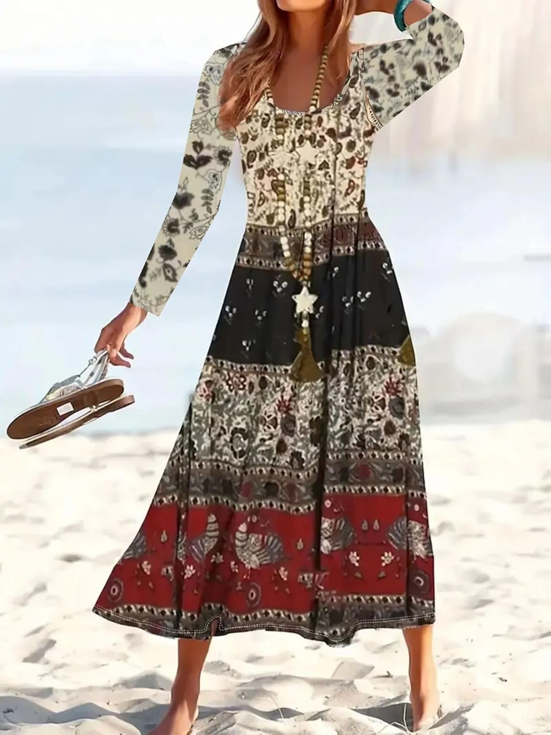 Fall Dresses for Women Crew Neck Long Sleeve Retro Print A Line Maxi Dress Vacation Outfit