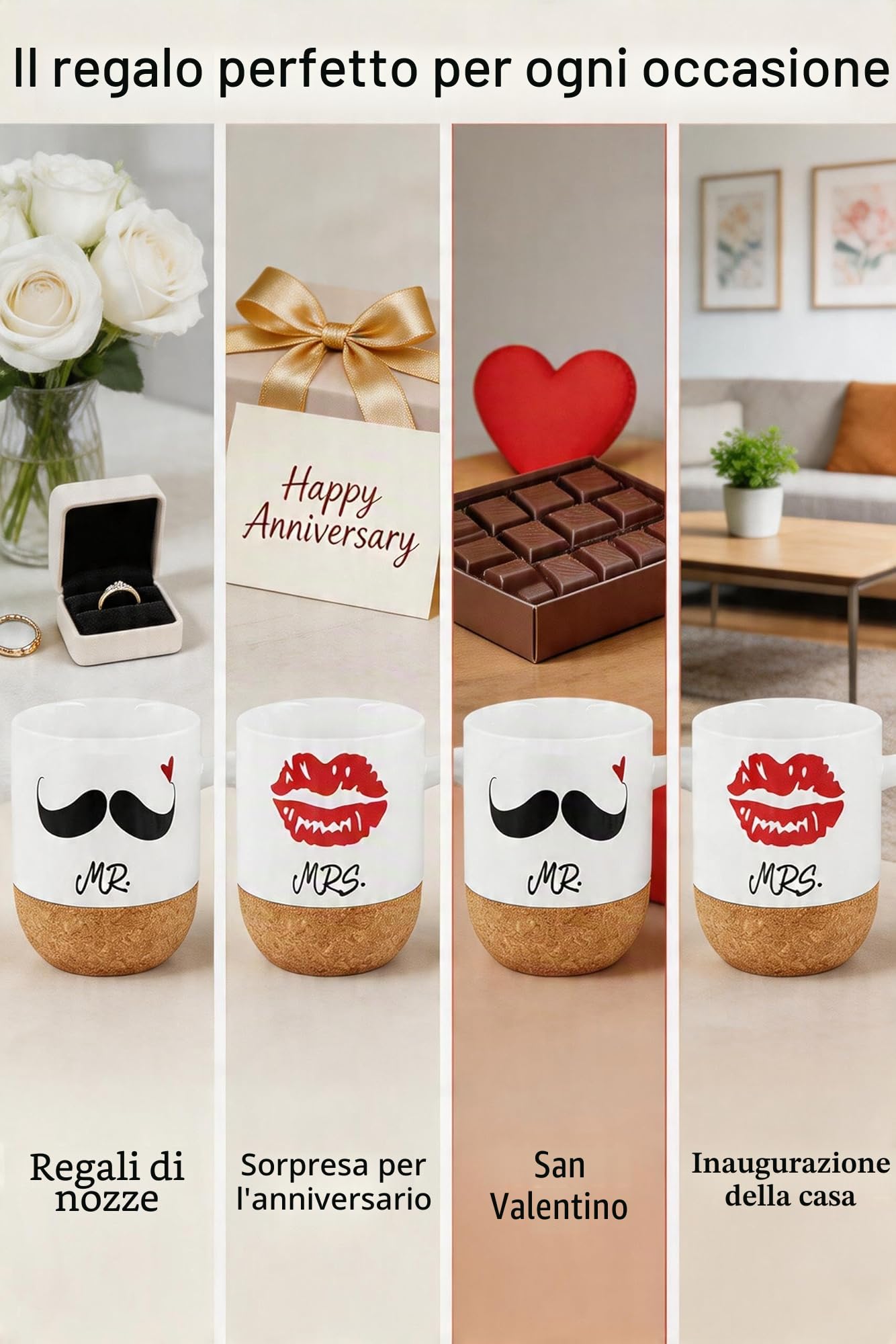Love-KANKEI Tazzine Caffe Ceramica con Fondo in Sughero 300ml Coppia Regali San Valentino Nozze Natale