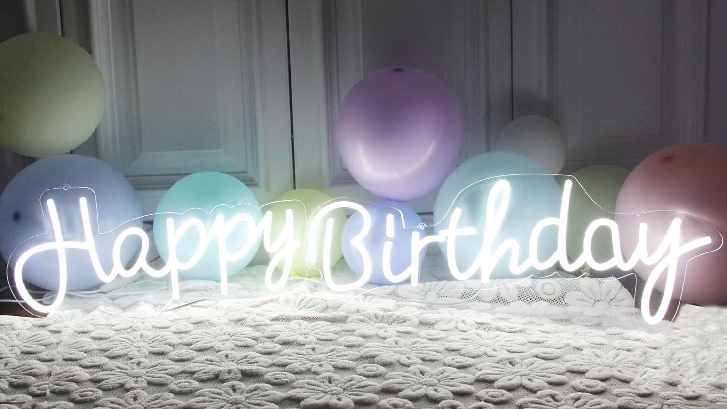 LED Happy Birthday Neon Sign Light Night Light Party Decorations White USB Powered Decorative for Backdrop Party Wall