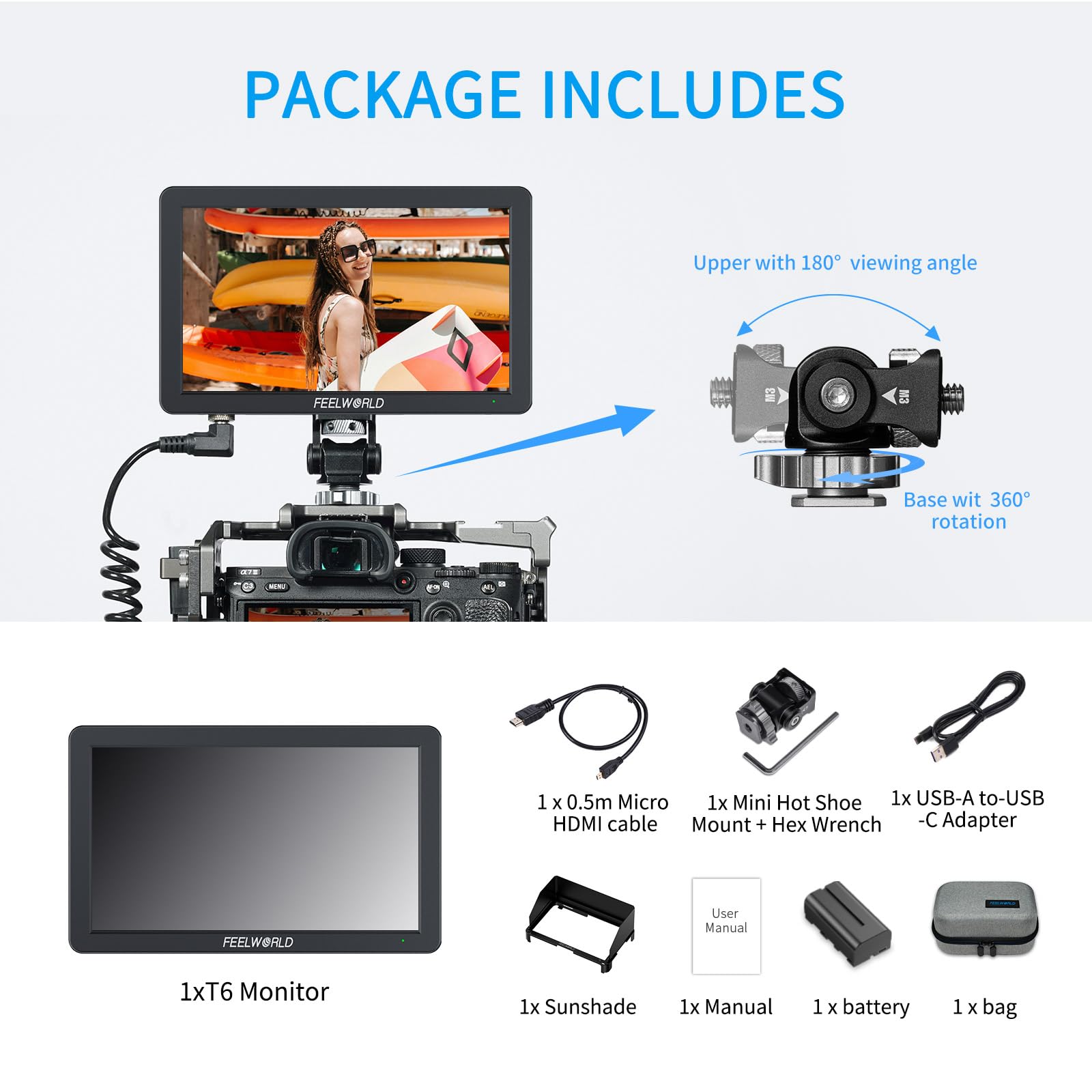 FEELWORLD T6 Moniteur de Caméra 6 Pouces Retour Video Appareil Photo Aluminum IPS Full HD,Entrée/Sortie 4K HDMI avec 3D LUTs, Vecteurscope, Focus Peaking, Batterie F550 2200 mAh et Sac de Transport
