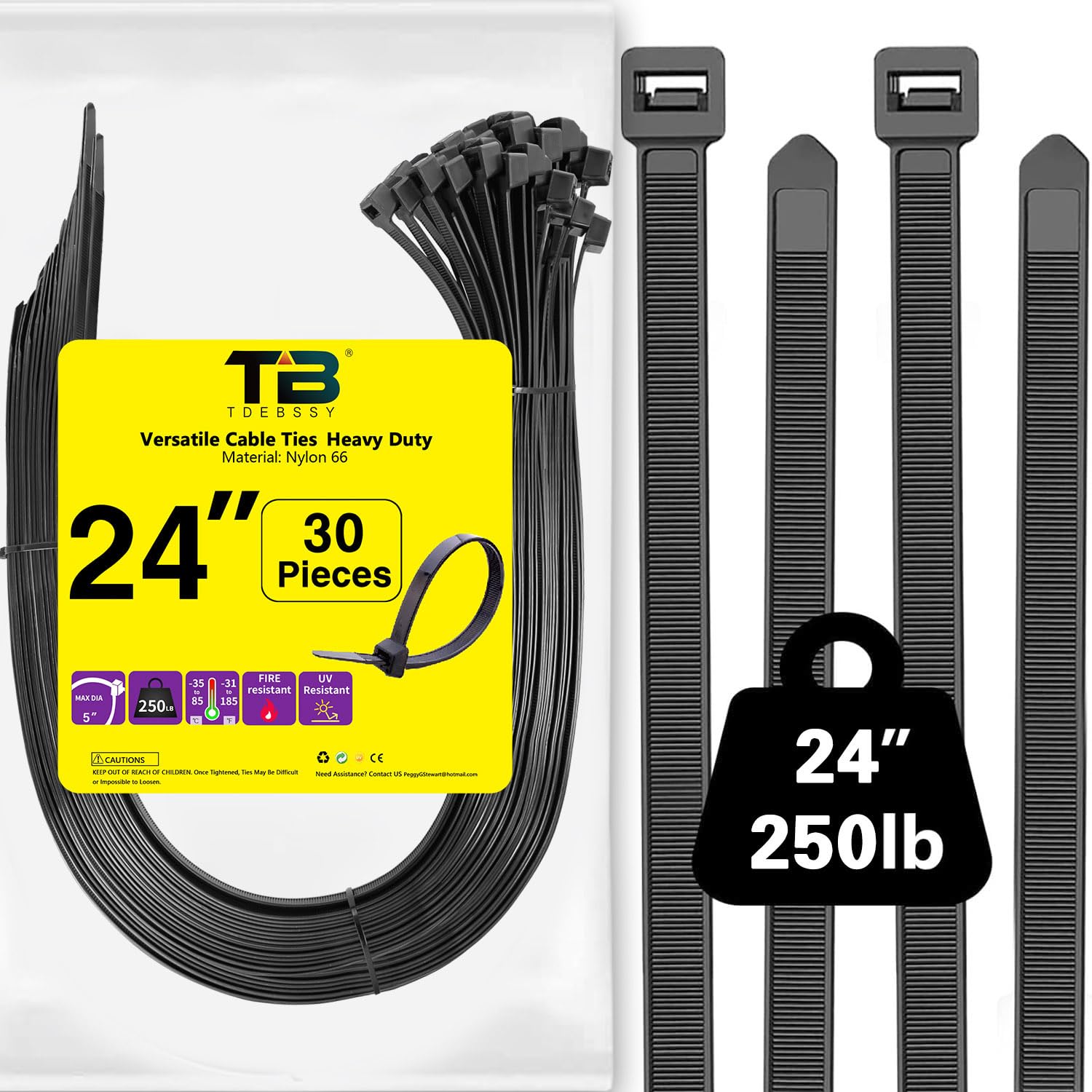 Rilsan Cable Ties Long 600mm x 12.4mm Black Nylon Cable Ties, 30pcs Serflex Black Wide Ziptie Extra Long Strong Plastic Cable Ties