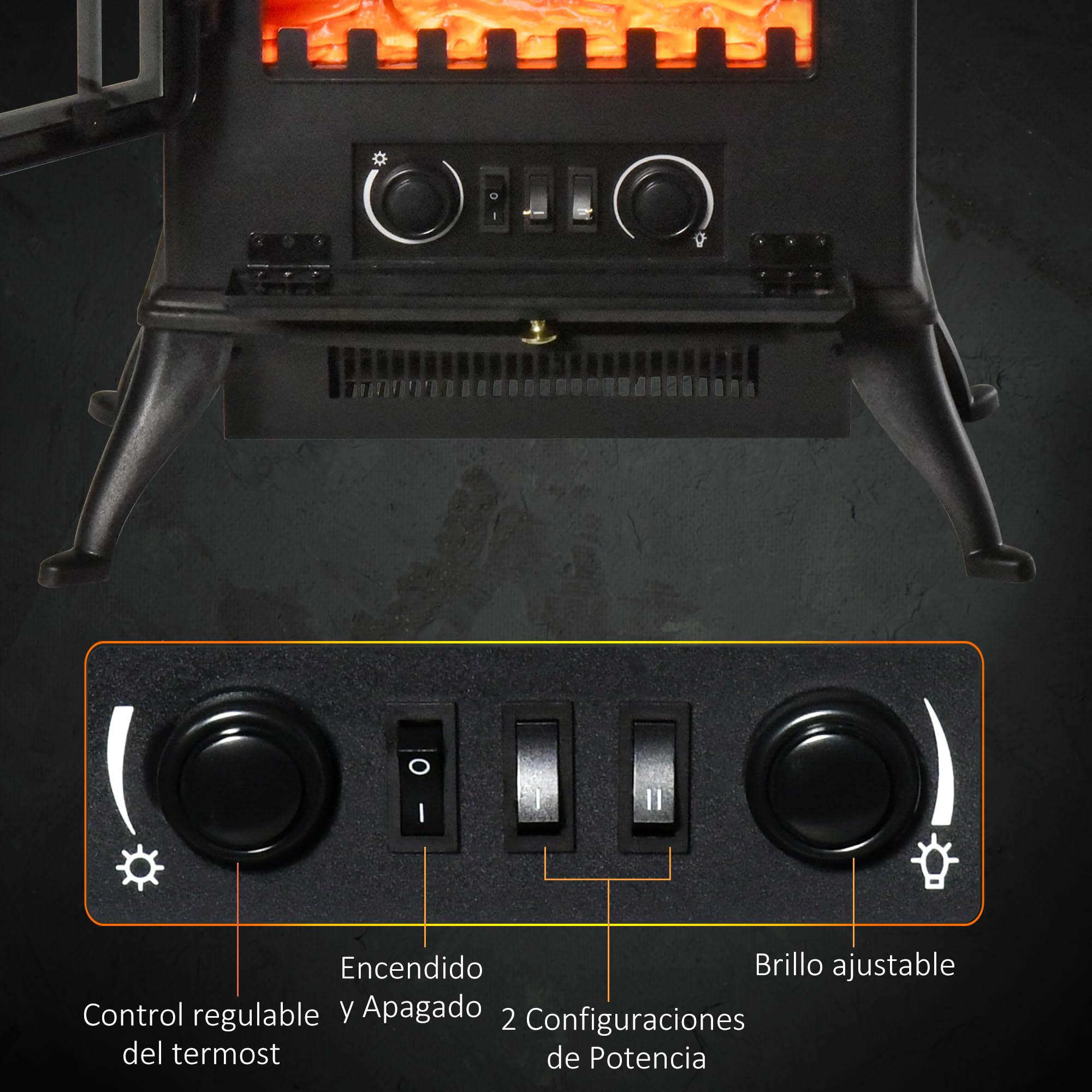 HOMCOM Chimenea Eléctrica Portátil 1000/2000W Chimenea Decorativa de Pie con Efecto de Llama Termostato y Protección contra Sobrecalentamiento para Sala 15-20 m² 45x28x54 cm Negro