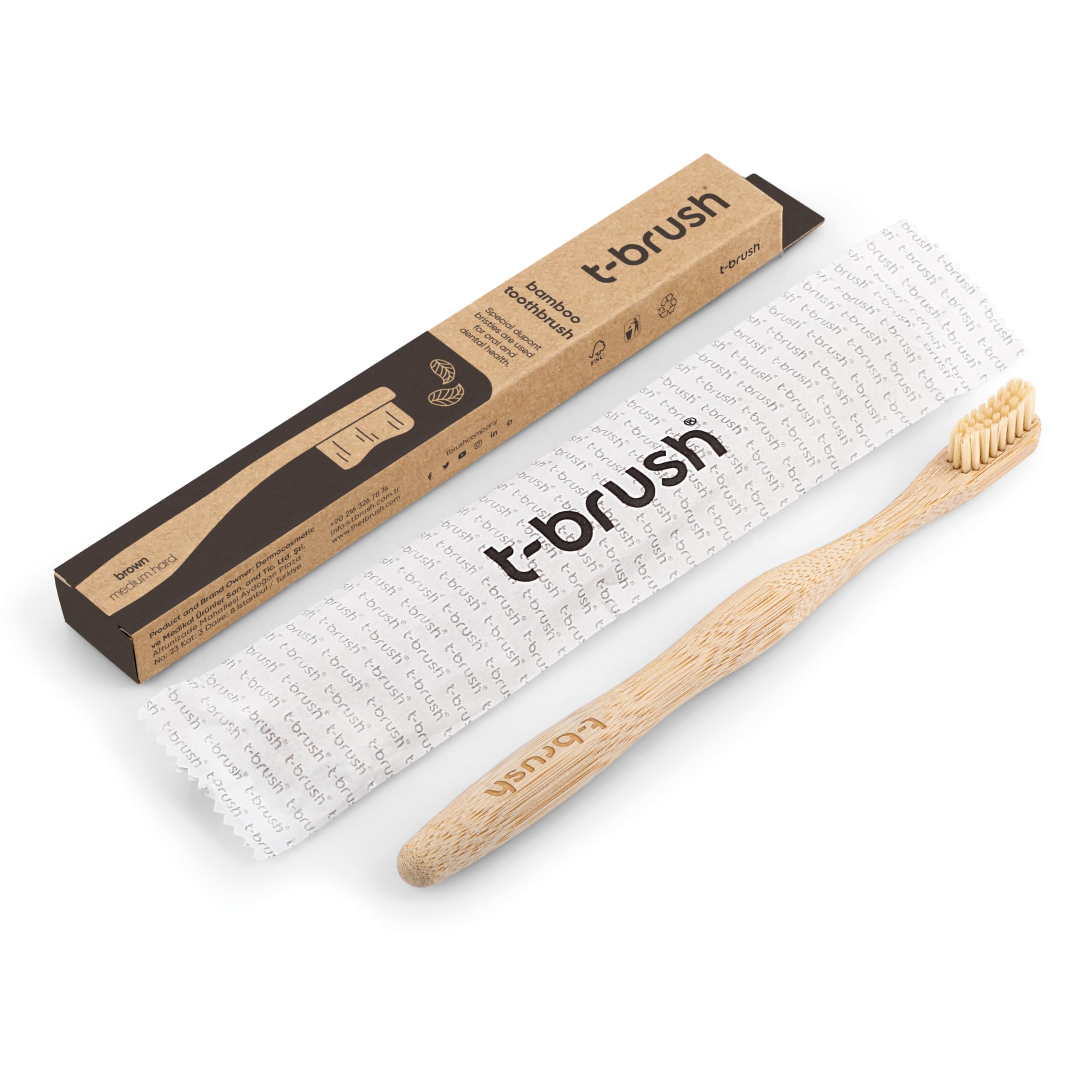 t-brush Bamboo Toothbrush - Cream Colour - Medium Hard - Medium Bristles - Natural Toothbrush - Eco Friendly