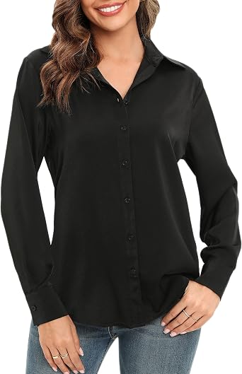 LUSMAY Women's Silky Satin Blouses Elegant Long Sleeve Button Down Collared Office Work Shirts Tops