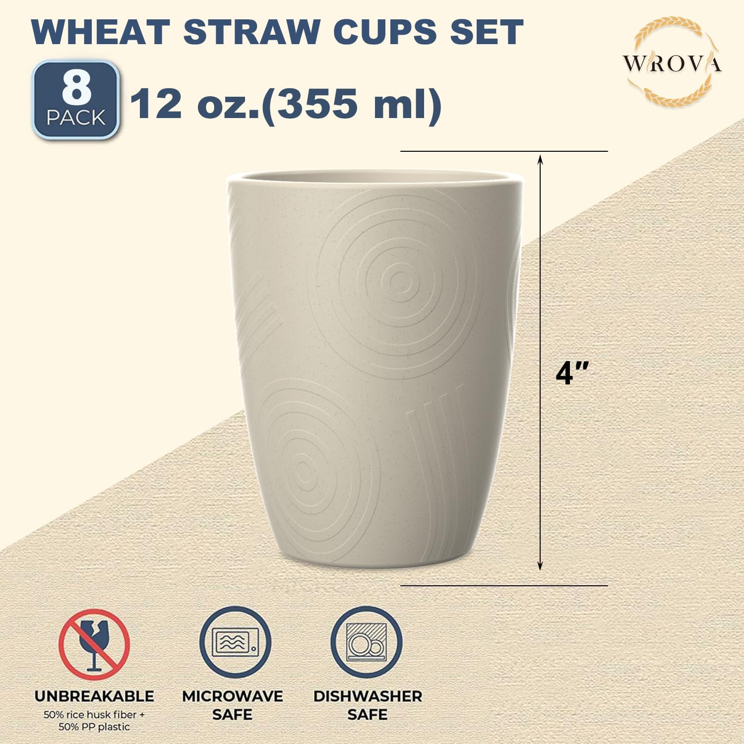 Wrova Wheat Straw Cups 8 PCS Good Alternative to Plastic Reusable Cups 12 oz Unbreakable Drinking Cup Reusable Dishwasher Safe Water Plastic Glasses (Beige) - Image 2
