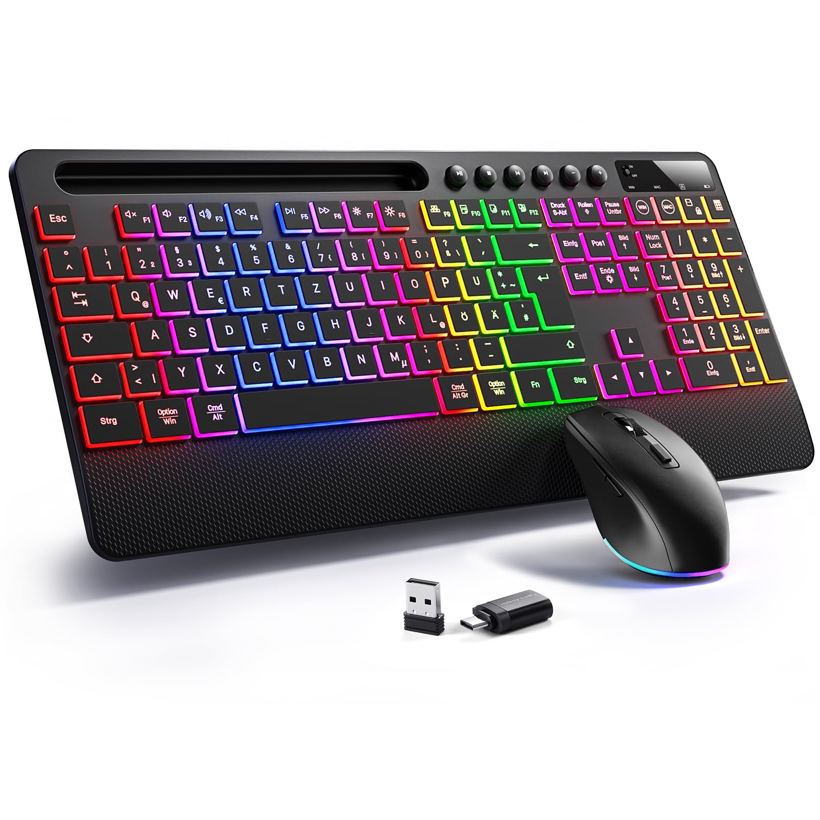 Hamile Tastatur Maus Set kabellos Beleuchtete mit Handyhalter, 2,4G QWERTZ