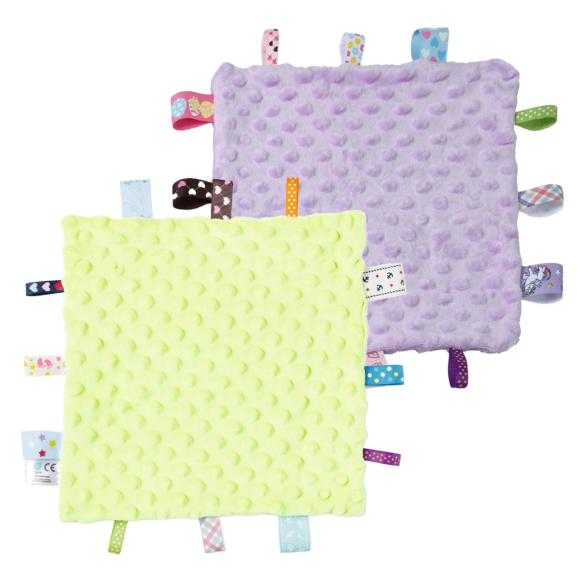 CREVENT Tag Security Blankets for Babies, Soft Small Baby Comforter Sensory Blanket, Great Gifts for Birthday Baby Shower - 24X24cm/10 X10 Green + Purple